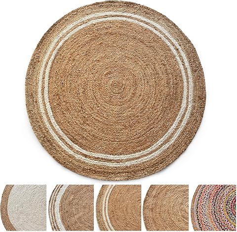 KARAT Alfombra redonda de yute, 100% fibra natural, trenzada, de yute natural, tejida a mano, para cocina y salón, robusta y resistente a los desgarros, Ø 90 cm (Mumbai)