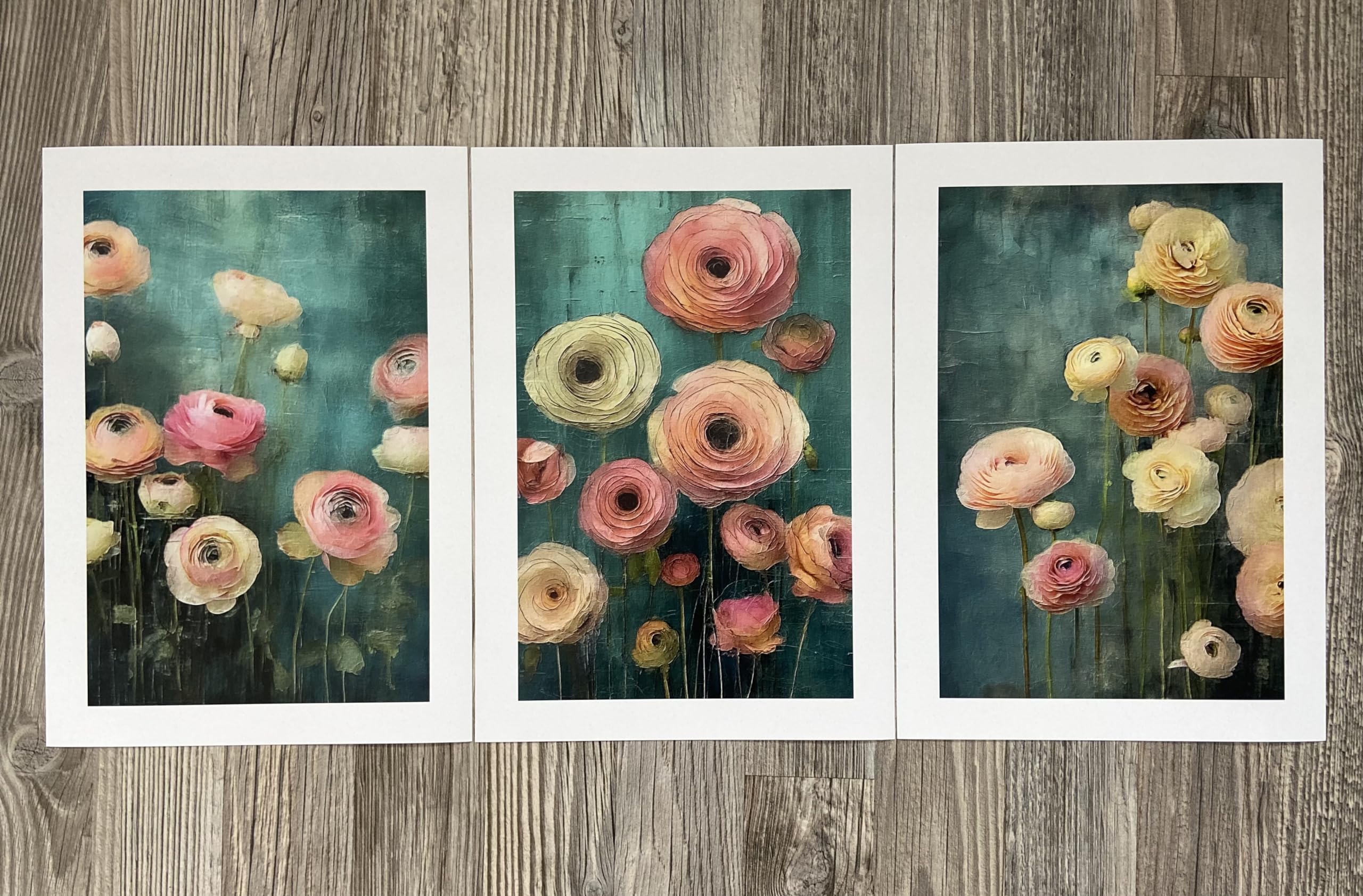 Texture Style Brightly Coloured Ranunculus Flowers Wall Art Set of 3 Unframed Poster Prints, Botanical Plant Decor - Image 3