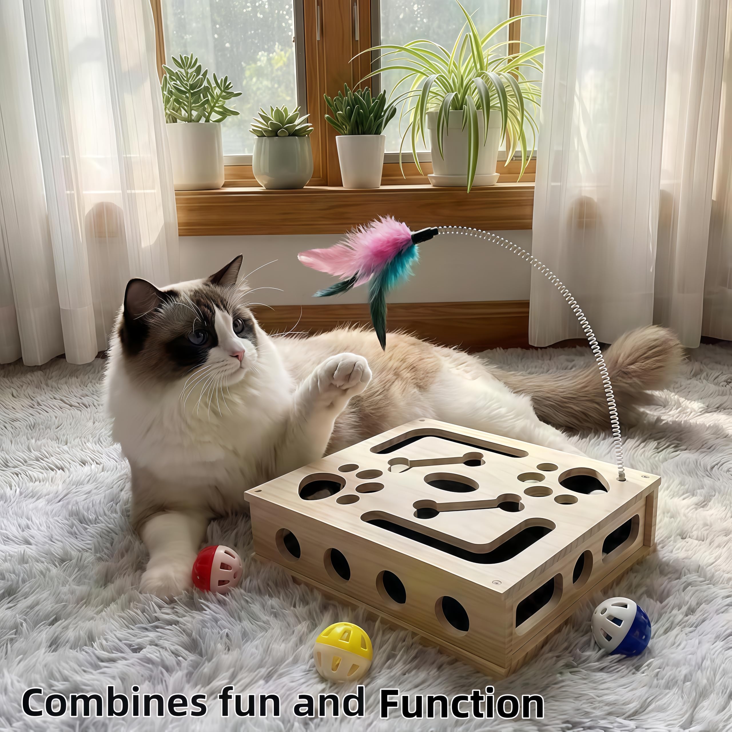 MEIION Pfotenprofis Katzen Beschäftigungsbox aus Holz mit Sandpapier und 3 Klingelbällen, interaktive Kratzkiste für Indoor Katzen, schützt Möbel und ideales Katzenspielzeug für Kätzchen