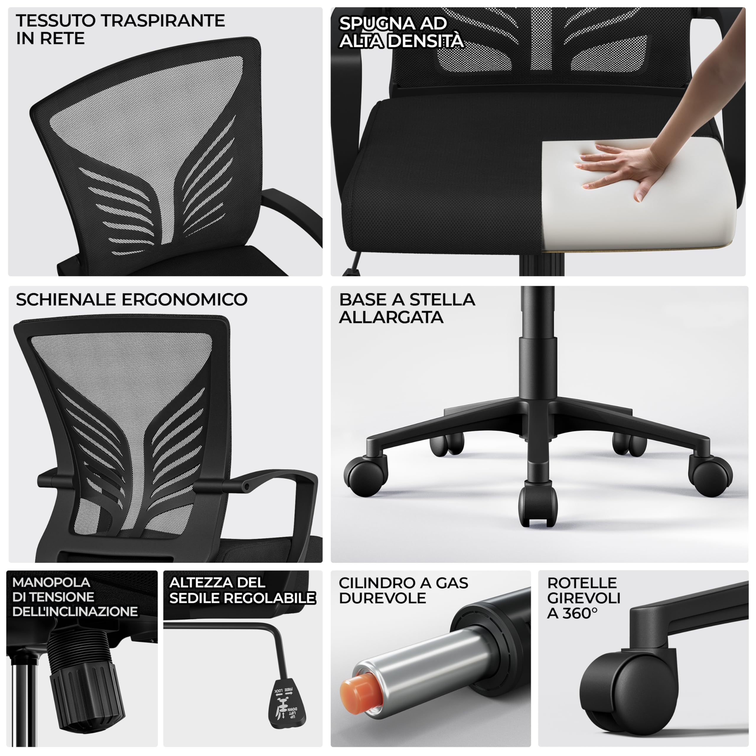 Sedia Ufficio Ergonomica Resistente Per Persone Grandi | Girevole 360° Con Supporto Lombare, Portata 136 Kg, Braccioli Ribaltabili - 3