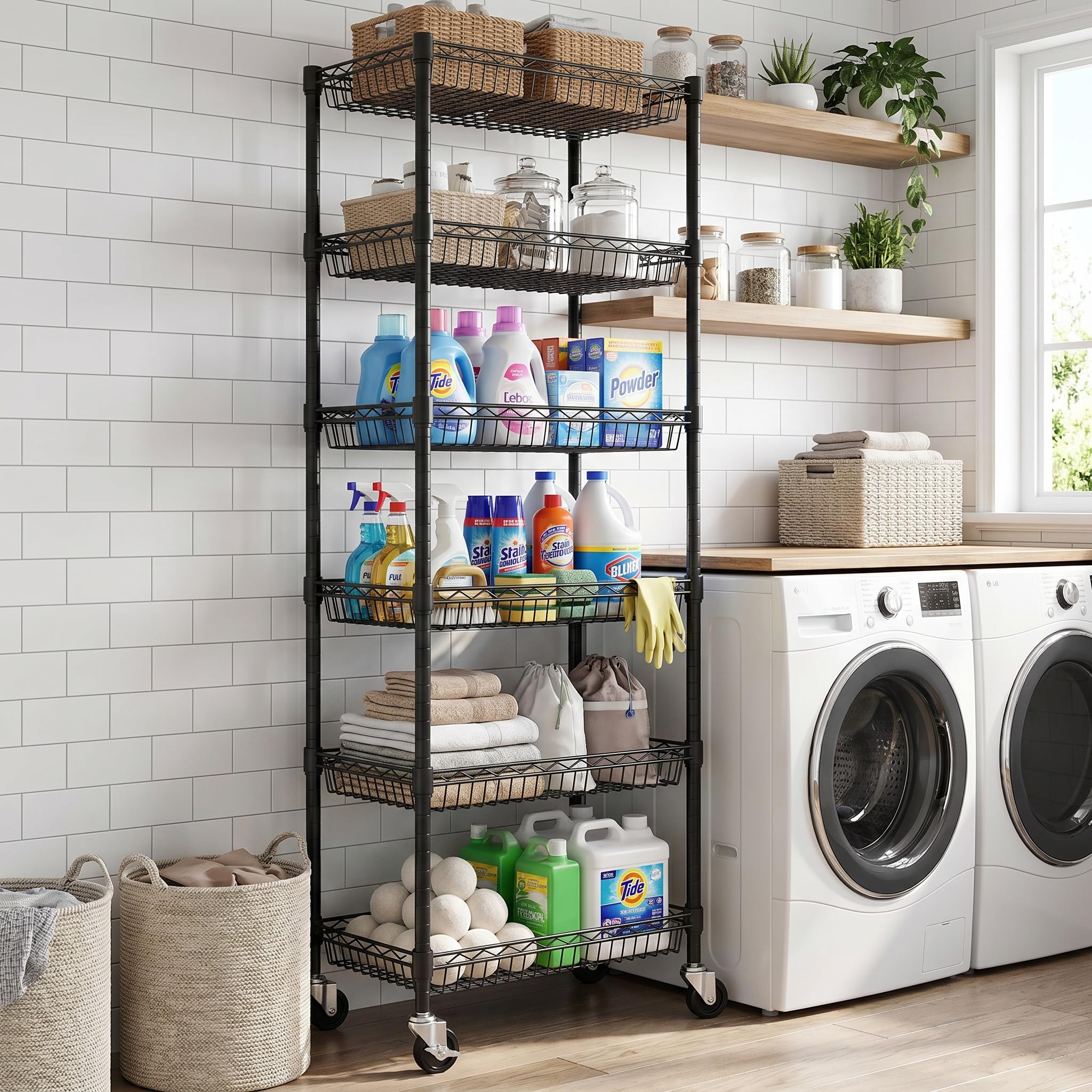 Himimi Étagère Métal 6 Niveaux à Roulettes, Étagère de Rangement Réglable en Hauteur Autoportante, Organiseur à Paniers en Fil Métallique pour Cuisine, Salle de Bain, Chambre, Salon,43×30×165 cm, Noir