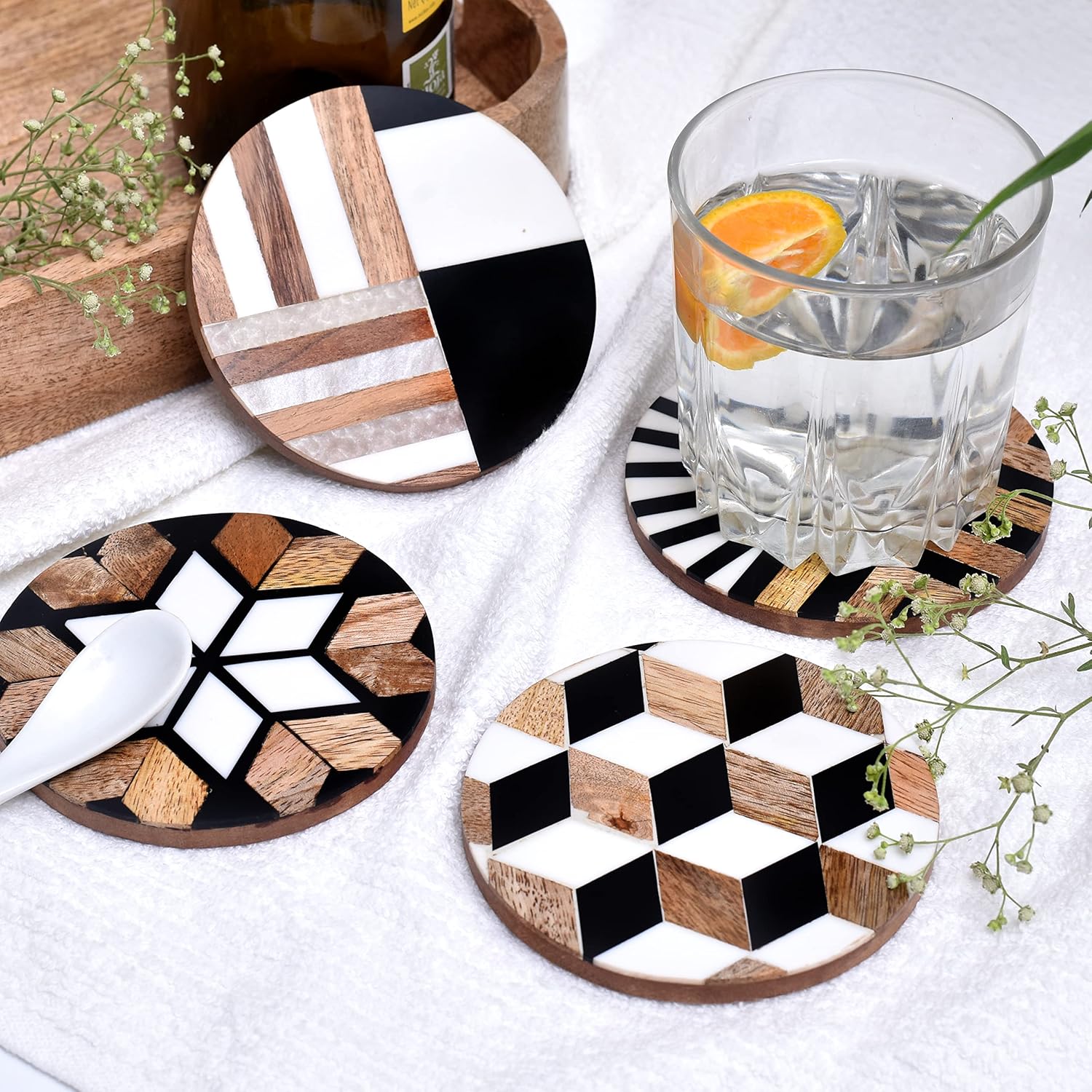IndianShelf 4 Pack Black and Brown Wooden Coasters Boho Style Drink Mats for Coffee Table Home Bar and Kitchen Perfect Bar Gift Set
