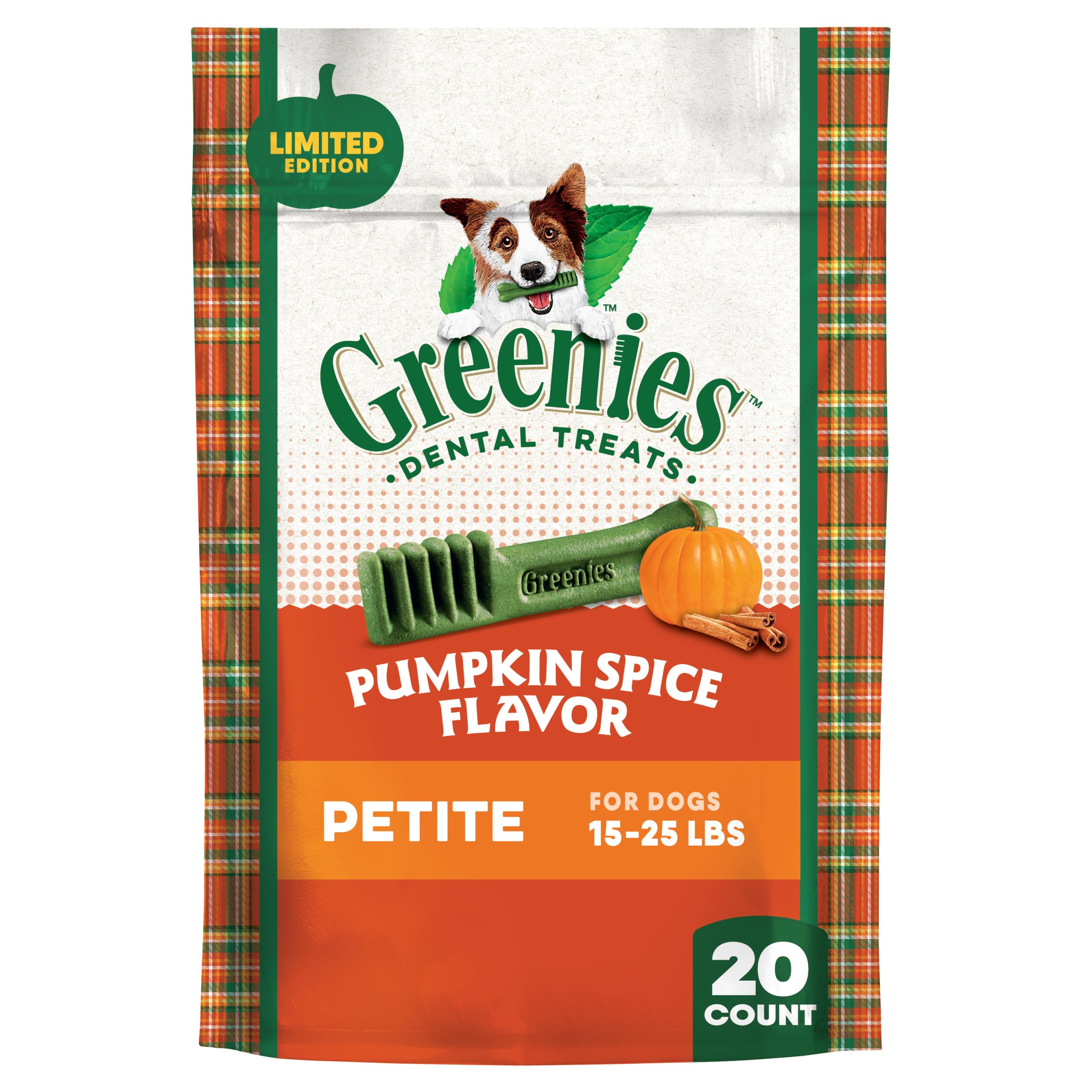 Greenies Veterinarian-Recommended, Limited-Edition Natural Dental Dog Treats Petite Size, Pumpkin Spice Flavor, 12 oz. Pack, 20 Count