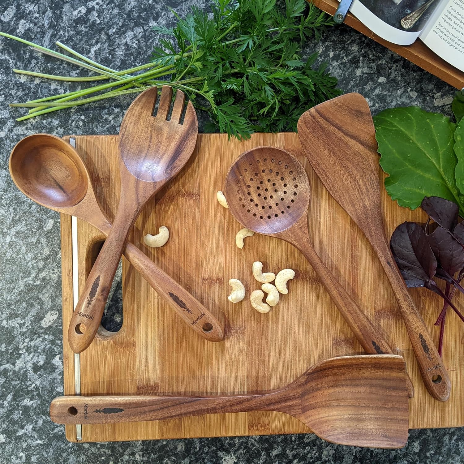 5 Pcs Natural Teak Wood Cooking Utensils Set for Kitchen, Spoon Set.