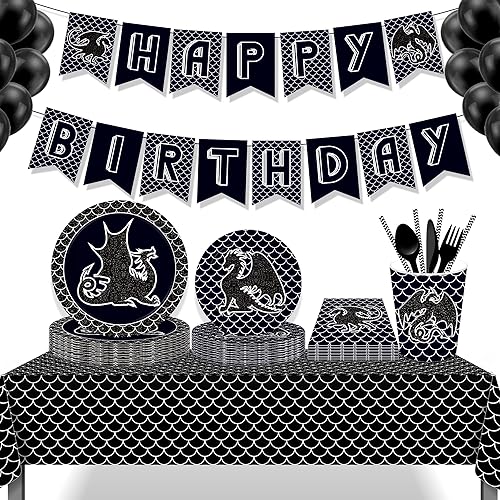 Miniatura 3 de CC HOME Paquete de suministros de fiesta temática de dragón negro, decoraciones de fiesta de dragón negro, paquete de 16 unidades, incluye platos de