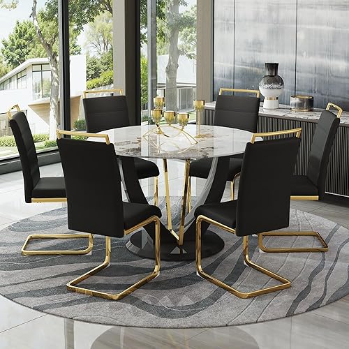 Miniatura 14 de JUFU Juego de mesa de comedor redonda para 6, mesa de comedor de 48 pulgadas con mesa de mármol sintético y 6 sillas tapizadas, moderno juego de 6