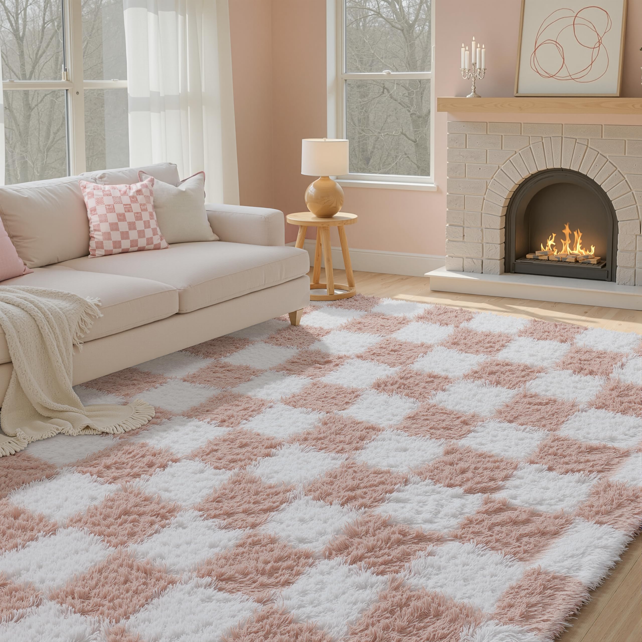 HUGEAR Kariert Flauschig Teppich Wohnzimmer 160x230 Teppiche Rosa Weiß Shaggy rutschfest Kinderzimmer Mädchen Junge Carpet Schlafzimmer Hochflor Weich Groß Carpets
