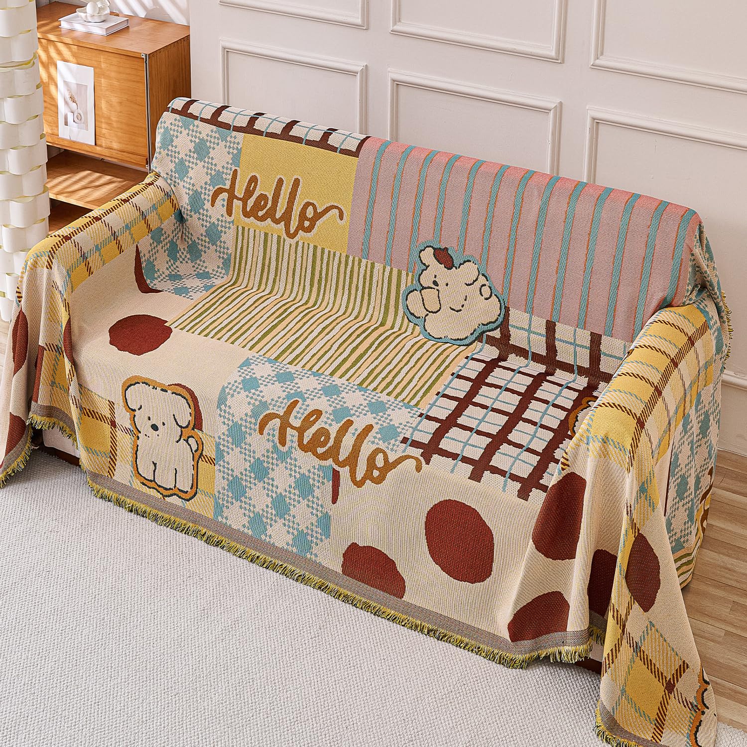 HOKIPO Chenille Sofa Throw Blanket for 2 Seater Sofa – Printed All-Season Sofa Cover for Complete Protection, 'Patchwork Puppy Series' (180x250 cm) (AR-6532-D2)-image-0
