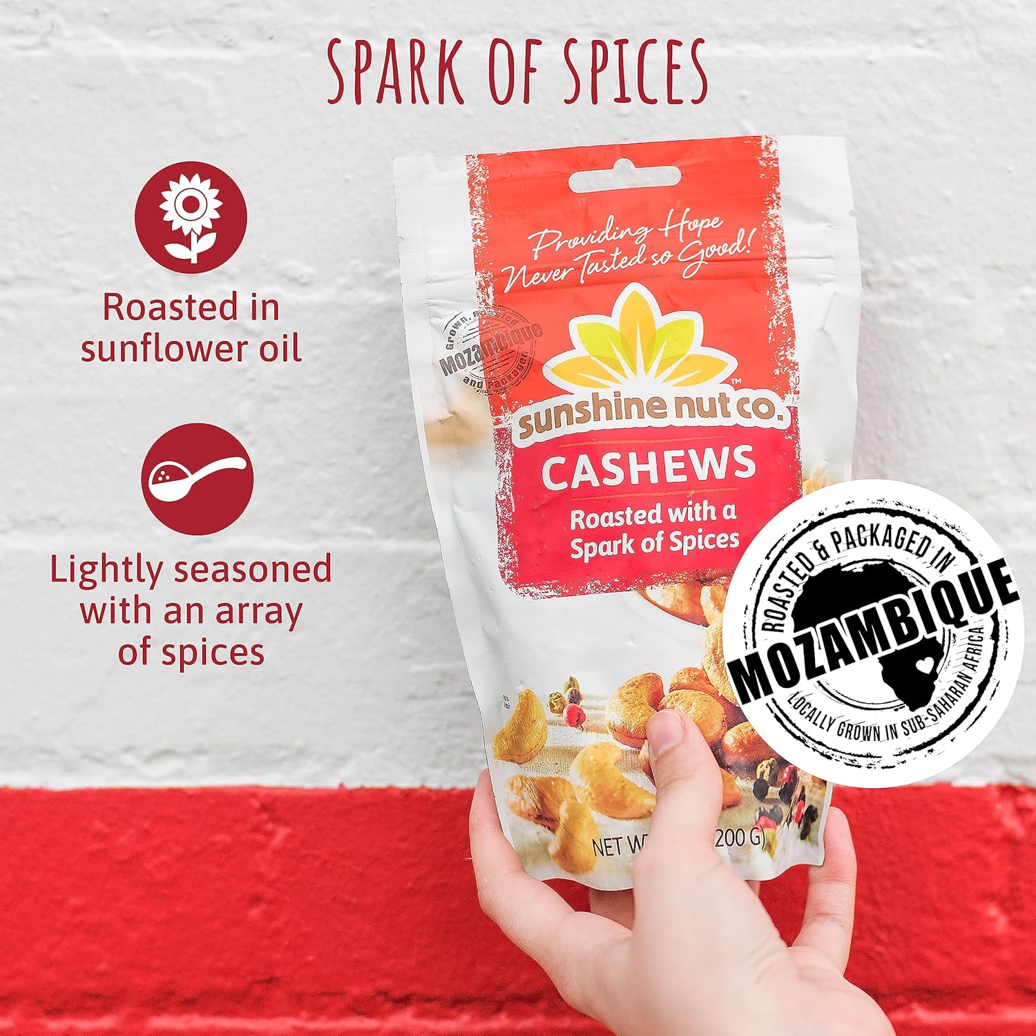 Sunshine Nut Company Whole Roasted Lightly Salted Cashews, Spark of Spices Flavor, 6 Pack, 7 oz. Each, Gluten Free, Peanut Free and Vegan Individual Snack Packs for Kids and Adults, GMO Free