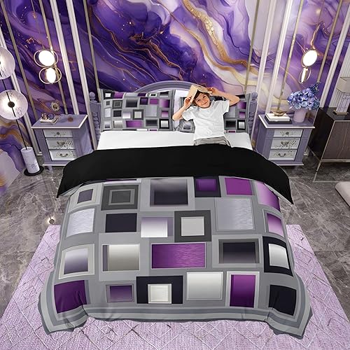 Miniatura 38 de Funda de edredón abstracta de color negro y morado, tamaño Queen, funda de edredón de geometría moderna con 2 fundas de almohada para adolescentes