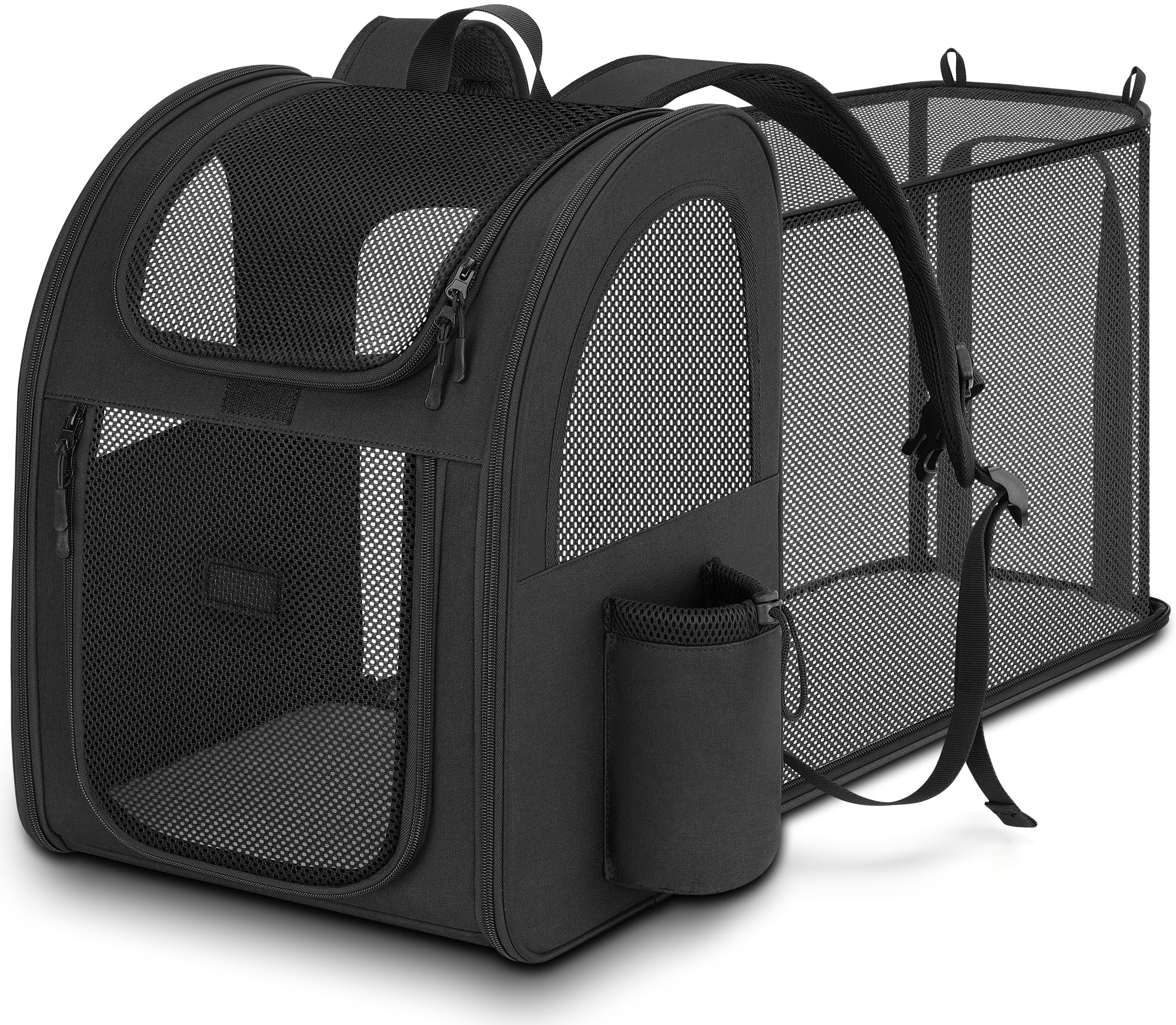 Mochila para Gatos Perros Expandible, Mochila Transportin Gato Perro 10kg, Ventanas de Malla Transpirable Bolso para Perros Gatos Mascotas con Correa de Seguridad y Alfombra para Mascotas - Negro