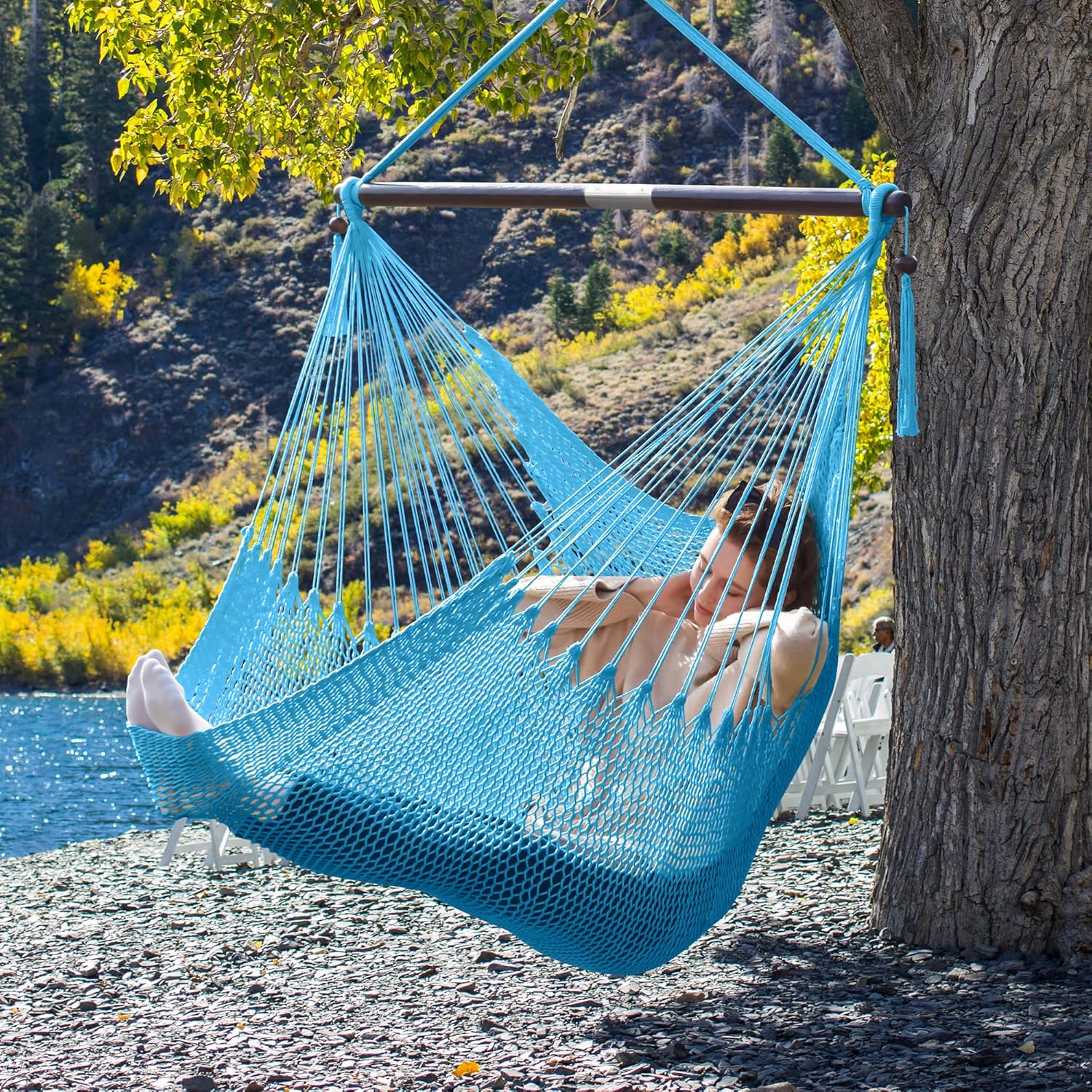 Hammock Chair Swing with Folded Spreader Bar, Upgraded Skin Breathable Caribbean Hanging Chair, Large 330 Pound Capacity, Portable for Indoor Outdoor Use, Light Brown (Blue CF)