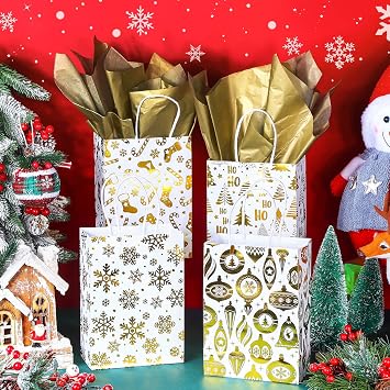 Censen 24 Pcs Christmas Gift Bags with Tissue Paper, Gold Snowflake