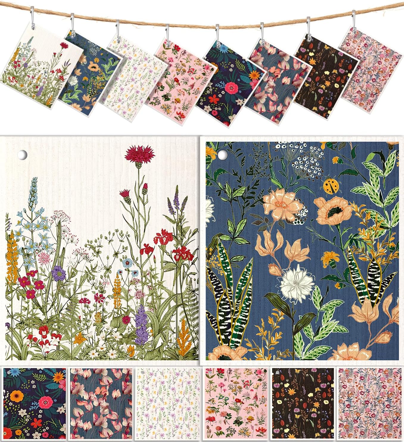 8 Pack Reusable Kitchen Swedish Dishcloths for Washing Dishes - Absorbent Fast Drying Cleaning Sponge with Cute Flower Design - Washable Decor Cloths