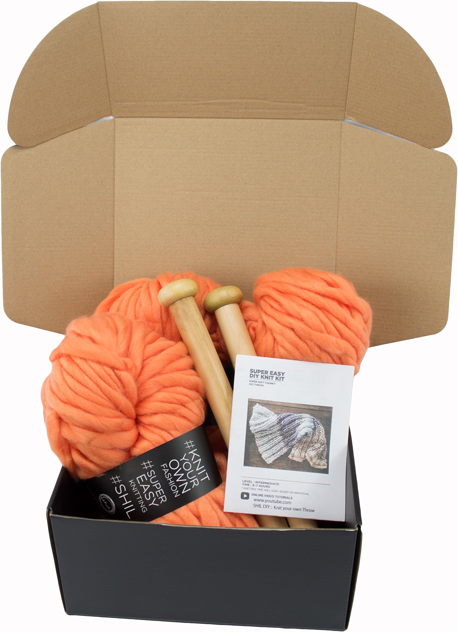 Chunky Knit Blanket DIY Kit, Super Soft Thick Yarn, Large Wood Knitting Needles (Orange)