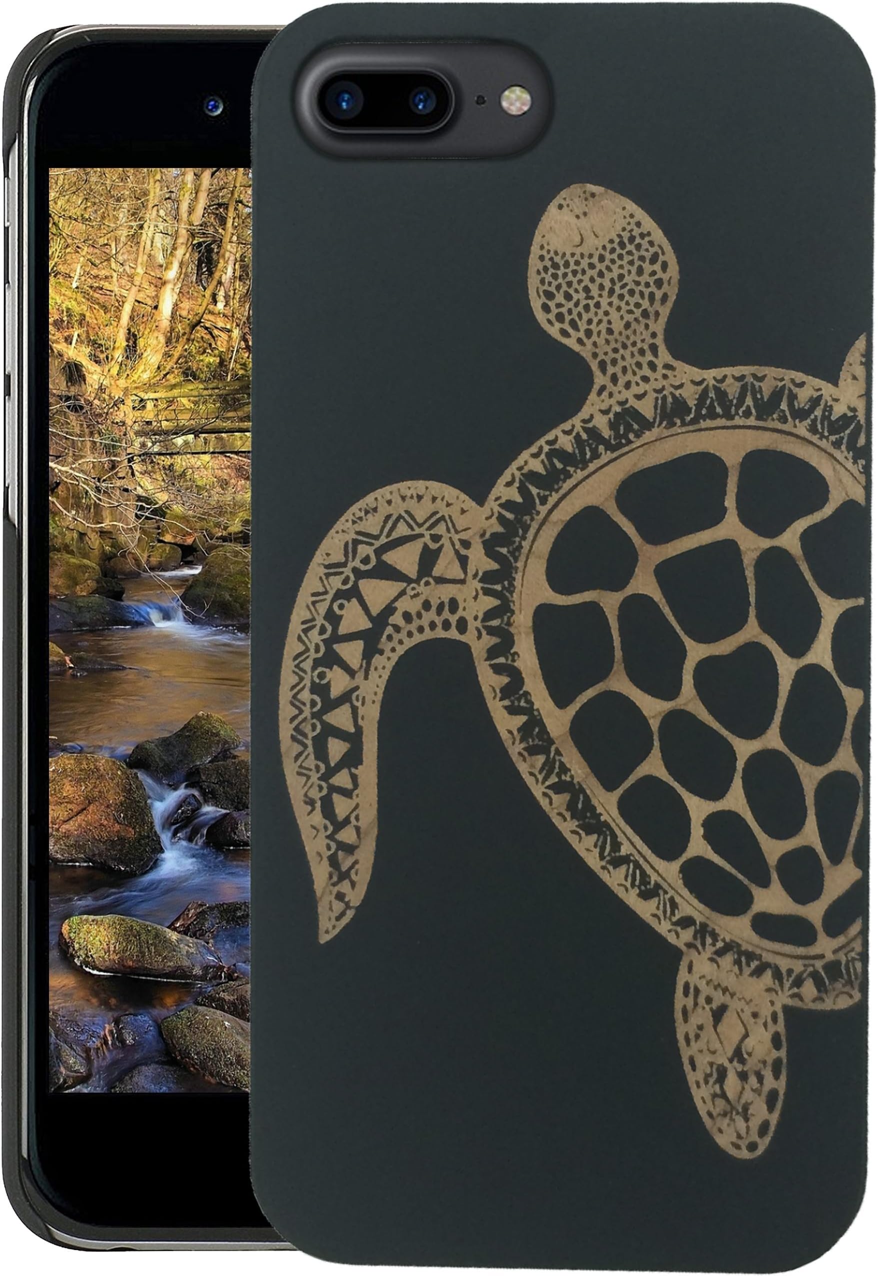 Wood iPhone Case - iPhone 7 Plus/iPhone 7 Plus Case - WDPKR Wooden Phone Cover - Unique High Contrast Black Painted Wood Bumper Accessory for Apple iPhone 7 Plus (Turtle)