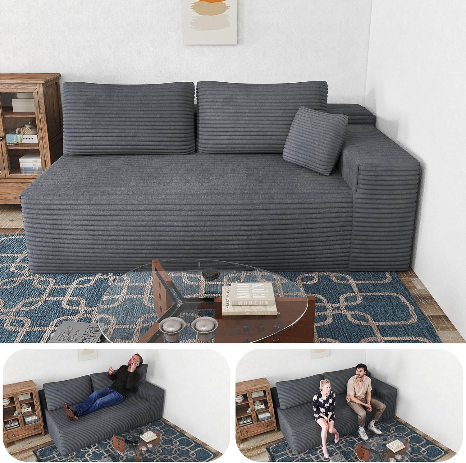 68" 2 Seater Cloud Loveseat Sofa, Plush Corduroy Fabric, Modern Modular Couch, Deep Seat Sleeper Couch Reading Chairs for Living Room,Bedroom, Movie Room,No Assembly Required, Left Facing, Grey