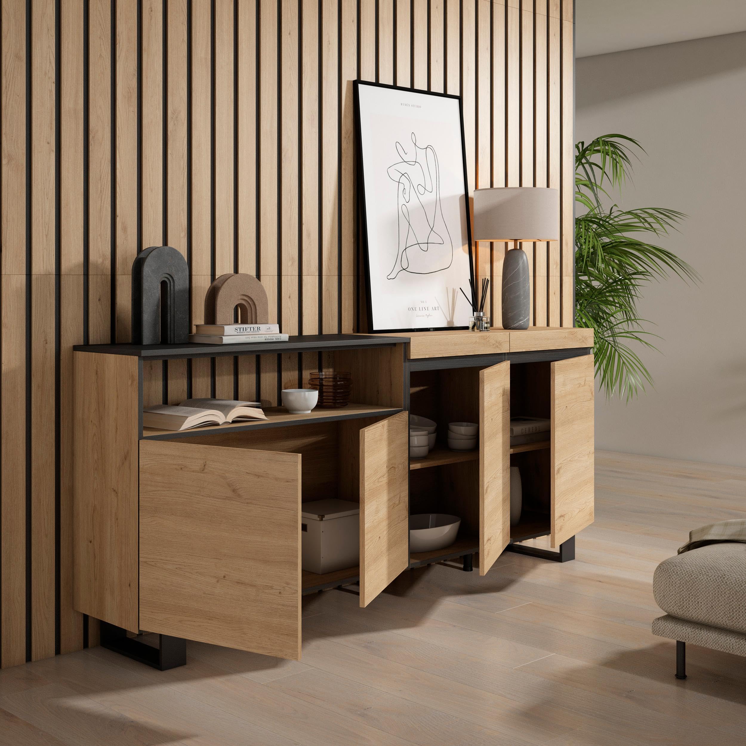 Skraut Home | Buffet Salon et Cuisine | Meuble de Rangement, Commode | 200x87x35cm | 4 Portes | Design Industriel | Style Moderne | Chêne et Noir