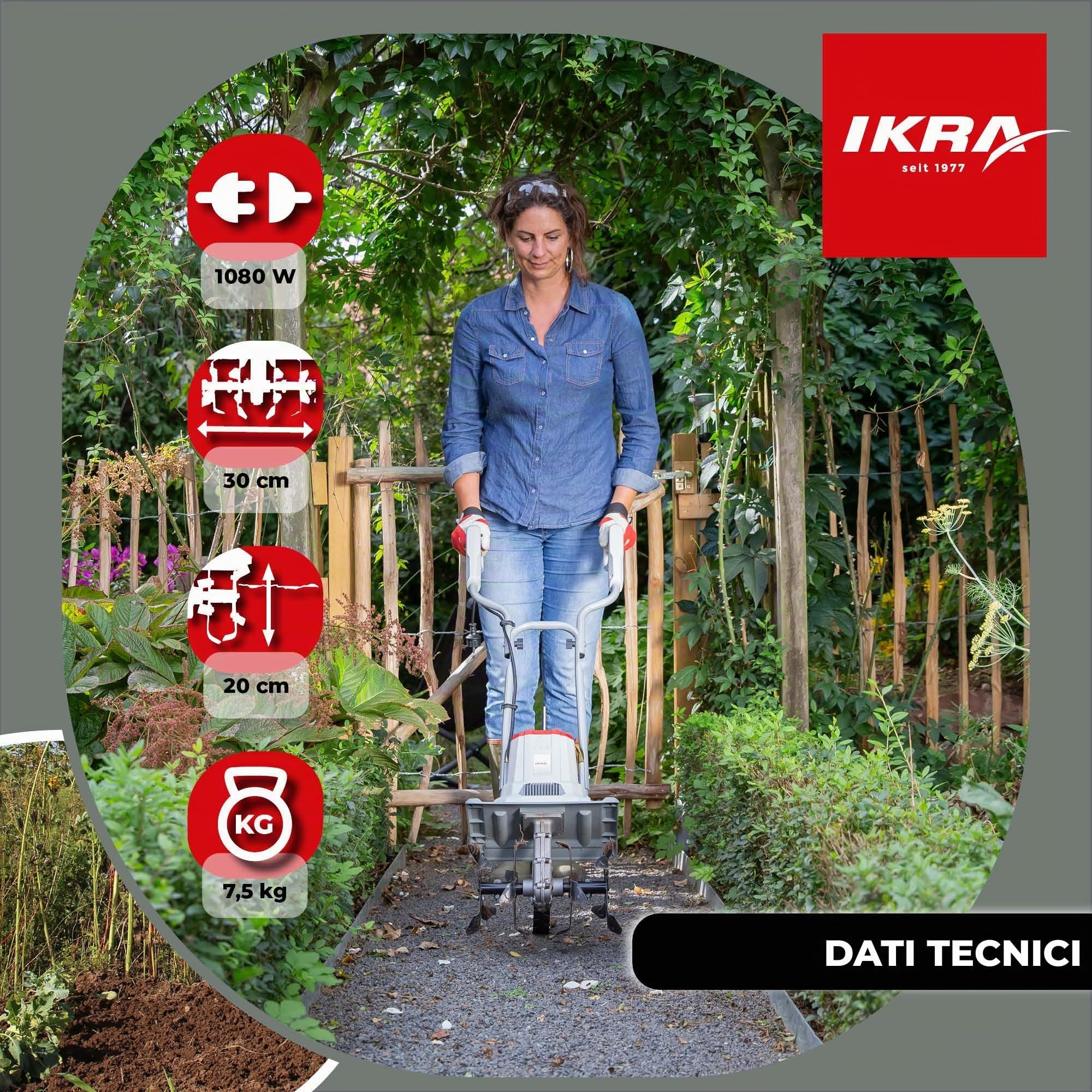 IKRA motozappa elettrica IET 1030, larghezza 30 cm, profondità 20 cm | 1080 W, sperone frenante, ruota di trasporto, ripiegabile per risparmiare spazio, protezione da sovraccarico