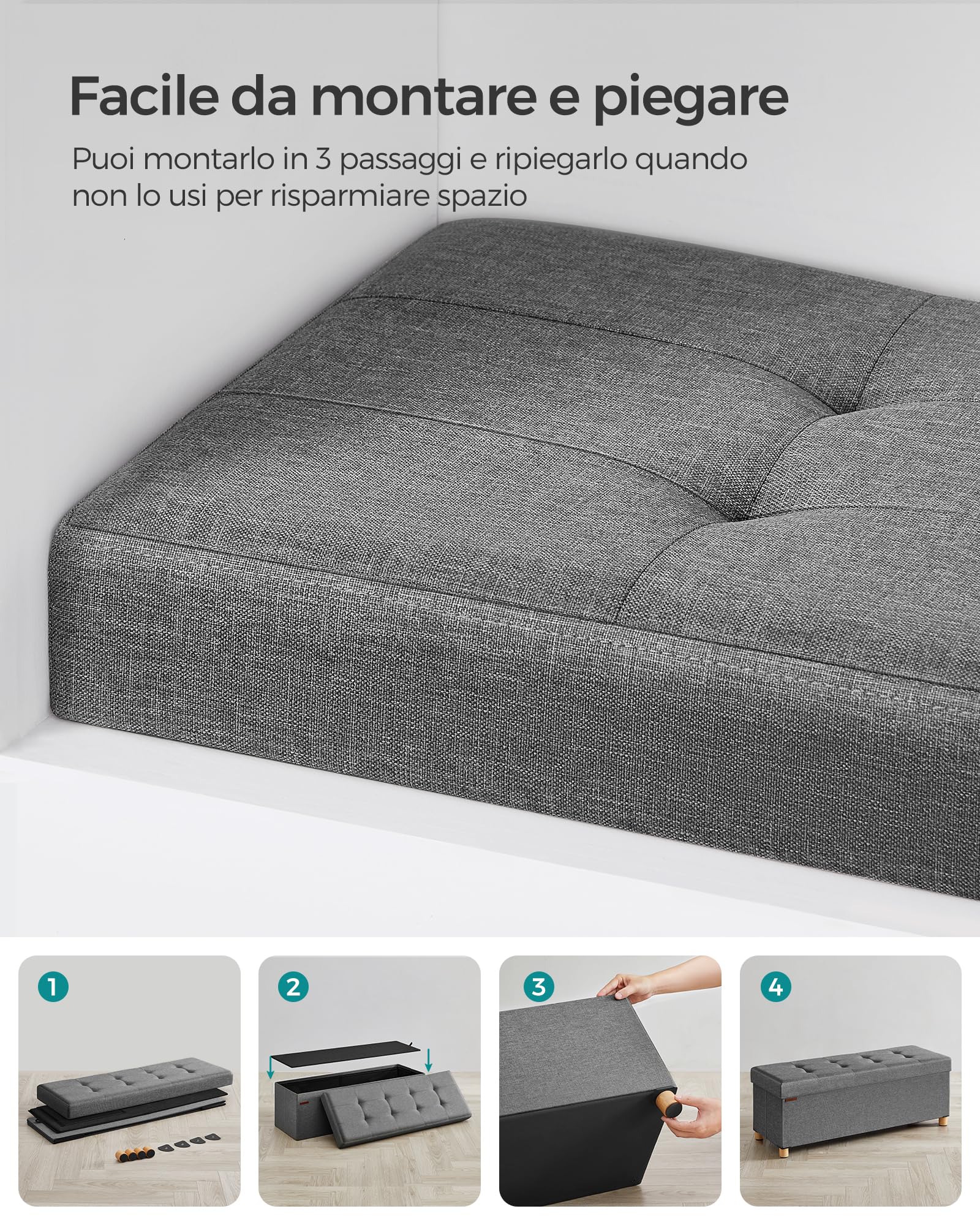 SONGMICS Cassapanca, Pouf Contenitore, Poggiapiedi Pieghevole 38 x 110 x 40 cm, Ottomano con Gambe in Legno, Regge fino a 300 kg, per Soggiorno, Camera da Letto, Dormitorio, Grigio Ardesia LSF018G11
