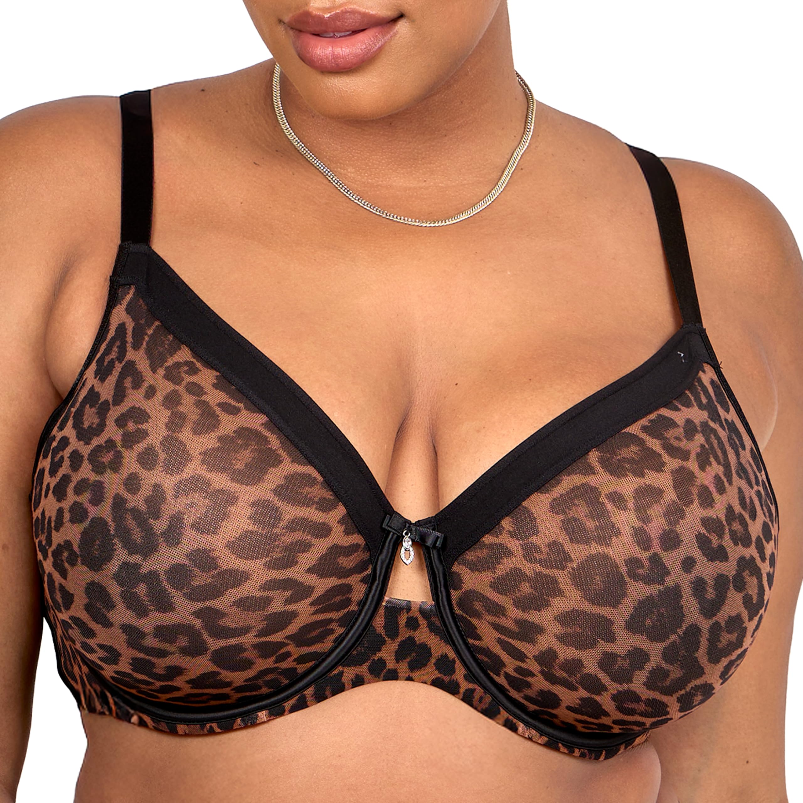 Curvy Couture Women's Sheer Mesh Full Coverage Unlined Underwire Bra, Designer Leo, 44E