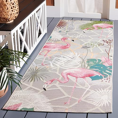 SAFAVIEH Alfombra lavable para exteriores, colección Barbados, alfombra de pasillo de 2 pies 8 pulgadas x 8 pies, color gris y rosa, no desprende