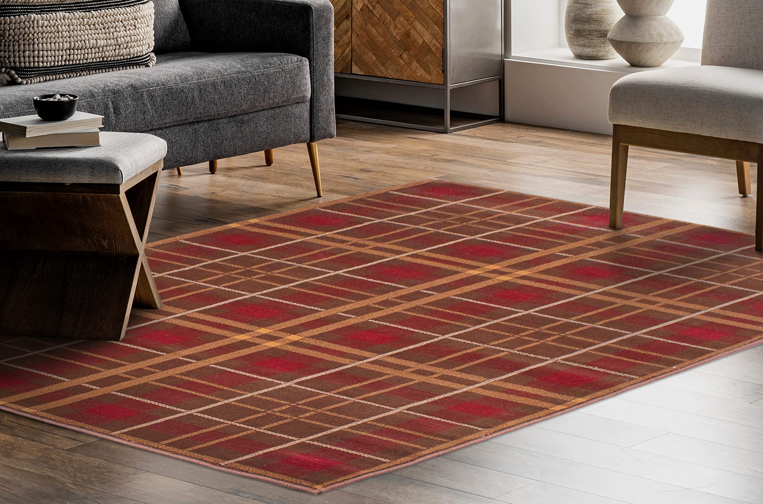 E-Rugs Brown Classic Tartan Chequered Highland Geometric Galloway Pattern Textured Designer Rugs, - 160 X 225Cm