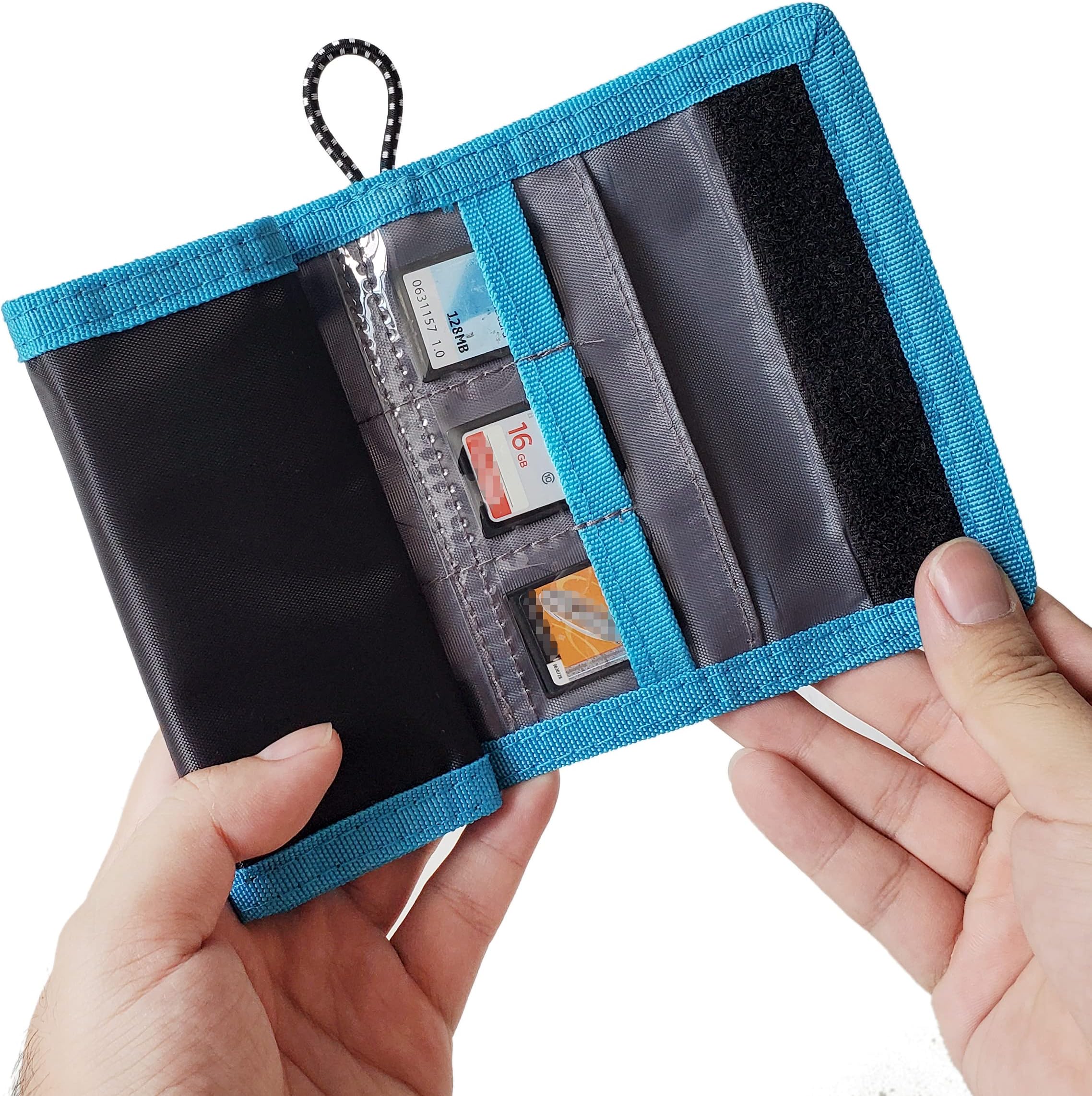 CAMKIX Memory Card Wallet - SD Card Storage - Slim and Foldable with Transparent Slots - Can Carry Up to 15 SD Cards - Straps with Tether Included - (Black/Blue)
