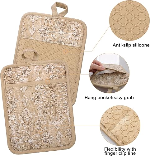 Miniatura 39 de Juego de 5 manoplas para horno y agarraderas con delantal de cocina, guantes de cocina resistentes al calor y agarraderas antideslizantes de