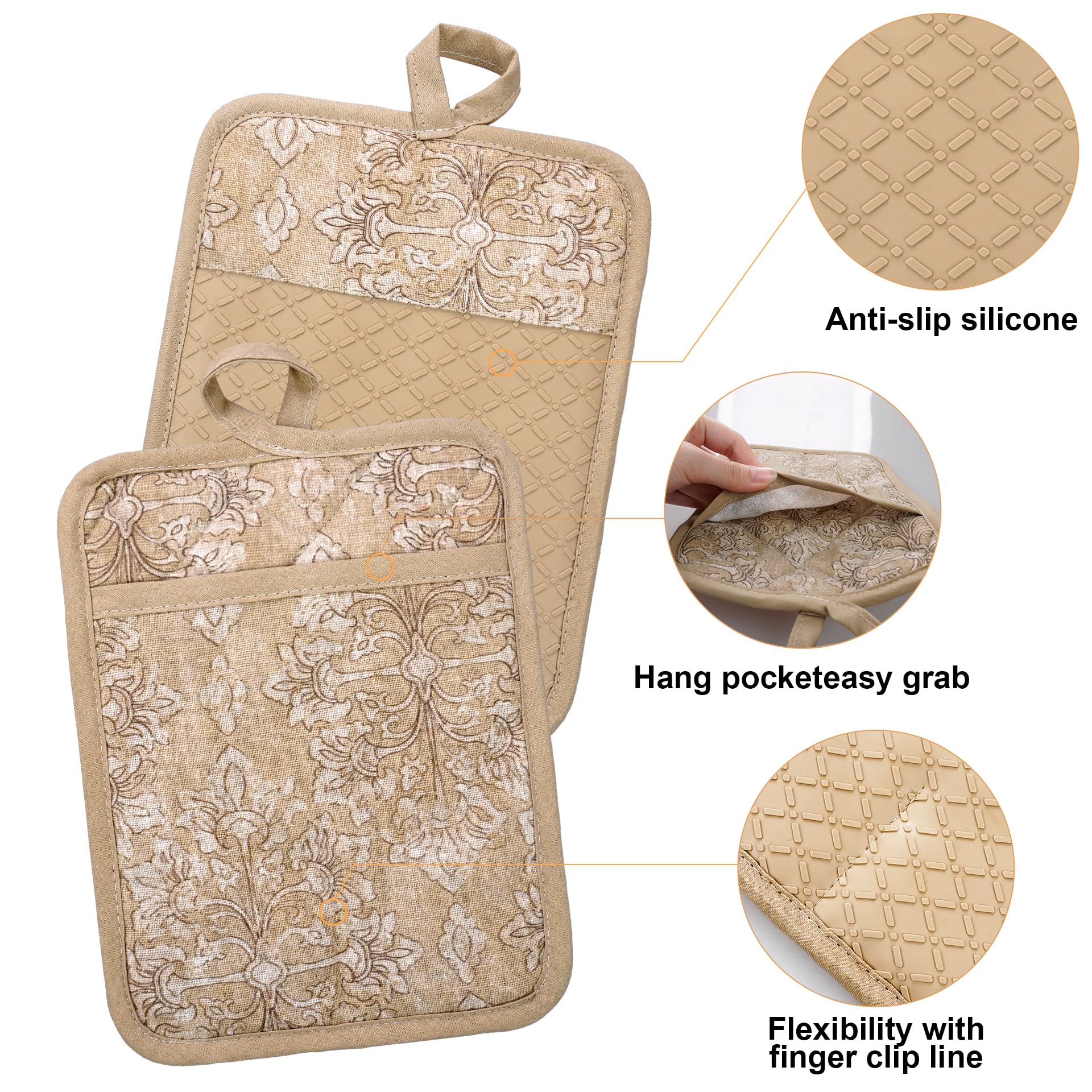 Juego de 5 manoplas de horno y soportes para ollas con delantal de cocina, guantes de cocina resistentes al calor y agarraderas antideslizantes de silicona, delantal de chef con hebilla ajustable para