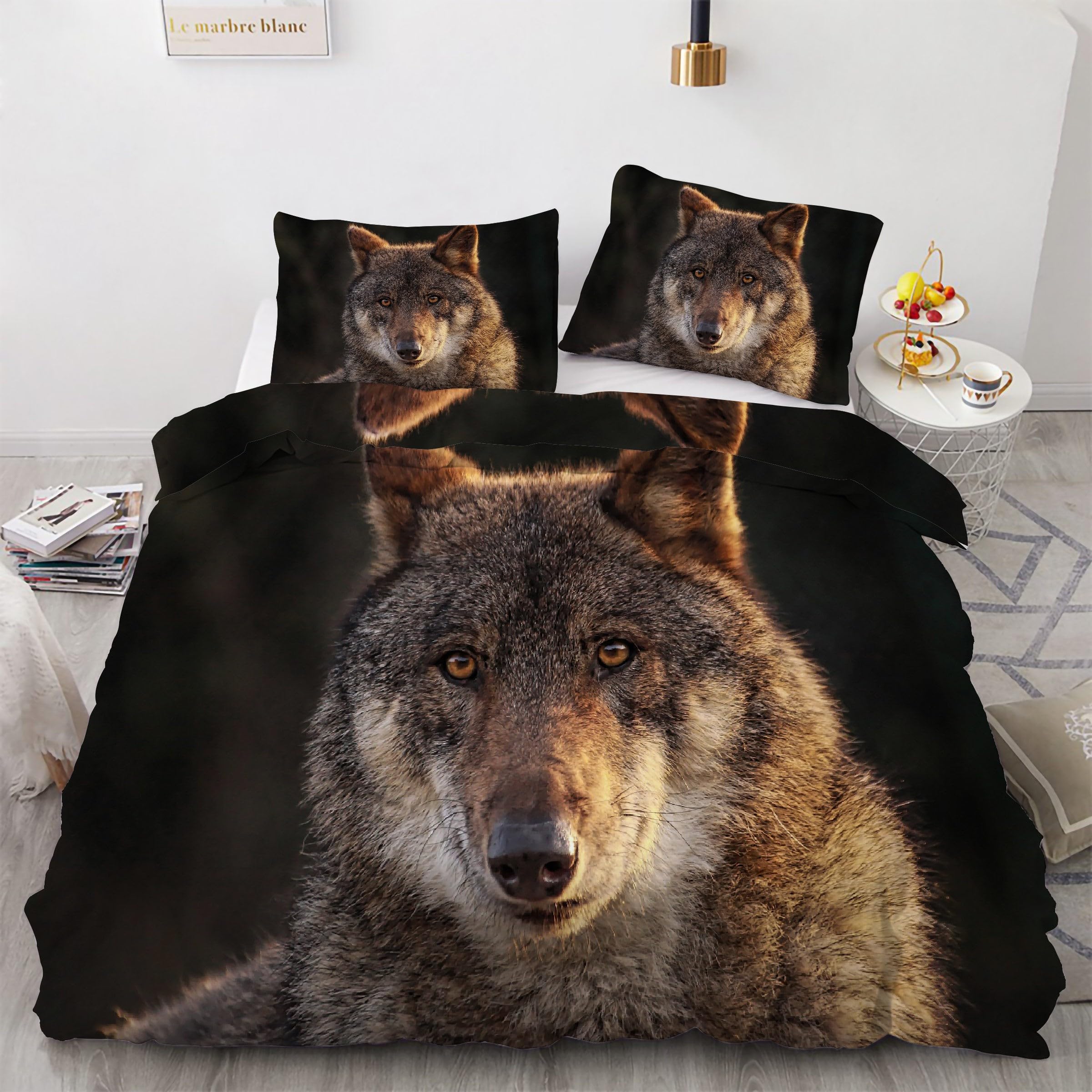 Housse de couette 200x200 loup parure de lit 3 pièces microfibre grise