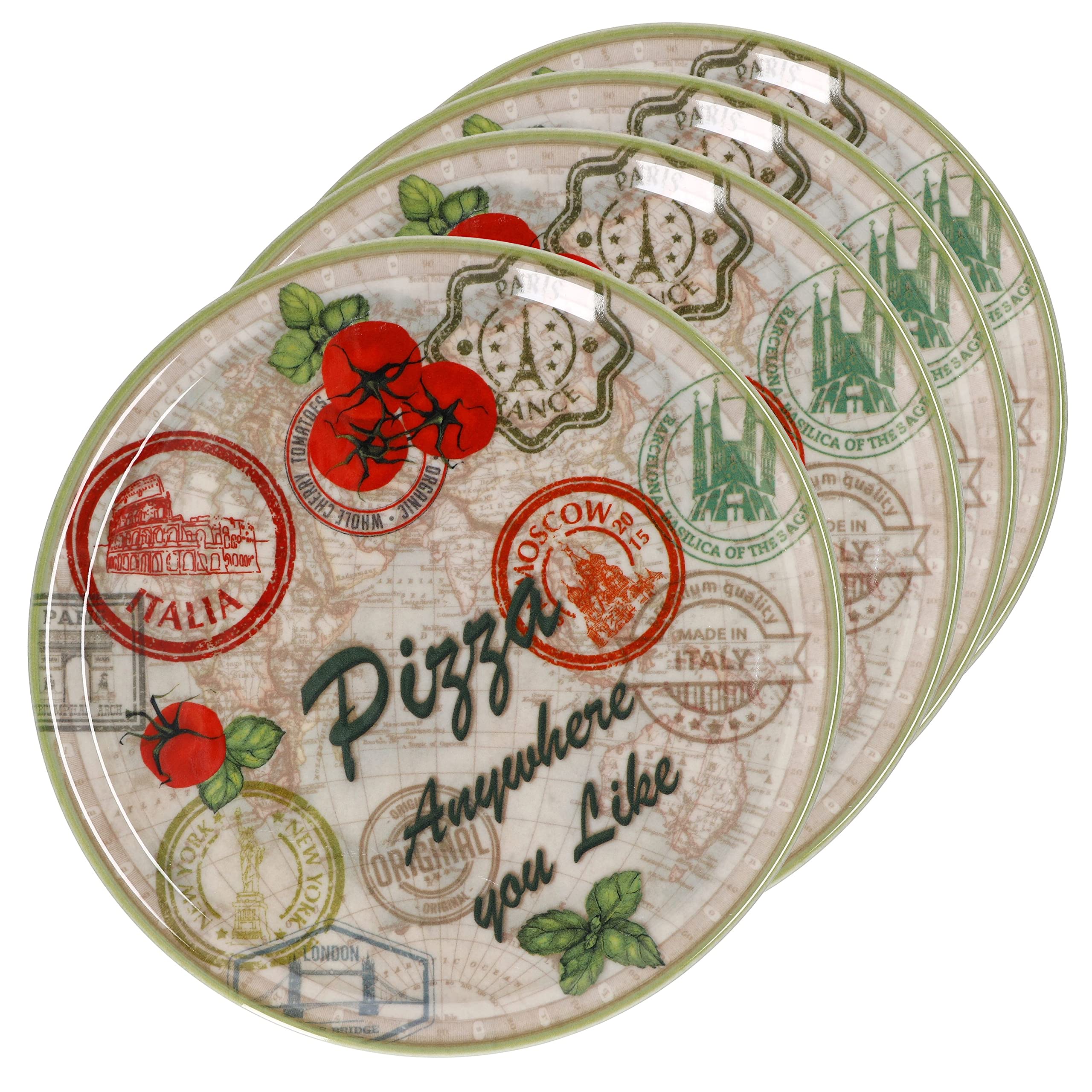MamboCat Zestaw 4 talerzy do pizzy Moskwa zielone Ø 33 cm I Serwowanie talerzy z motywami I talerze do przystawek do przystawek do przystawek lub pomidorów-mozzarelli I kolorowe talerze porcelanowe do