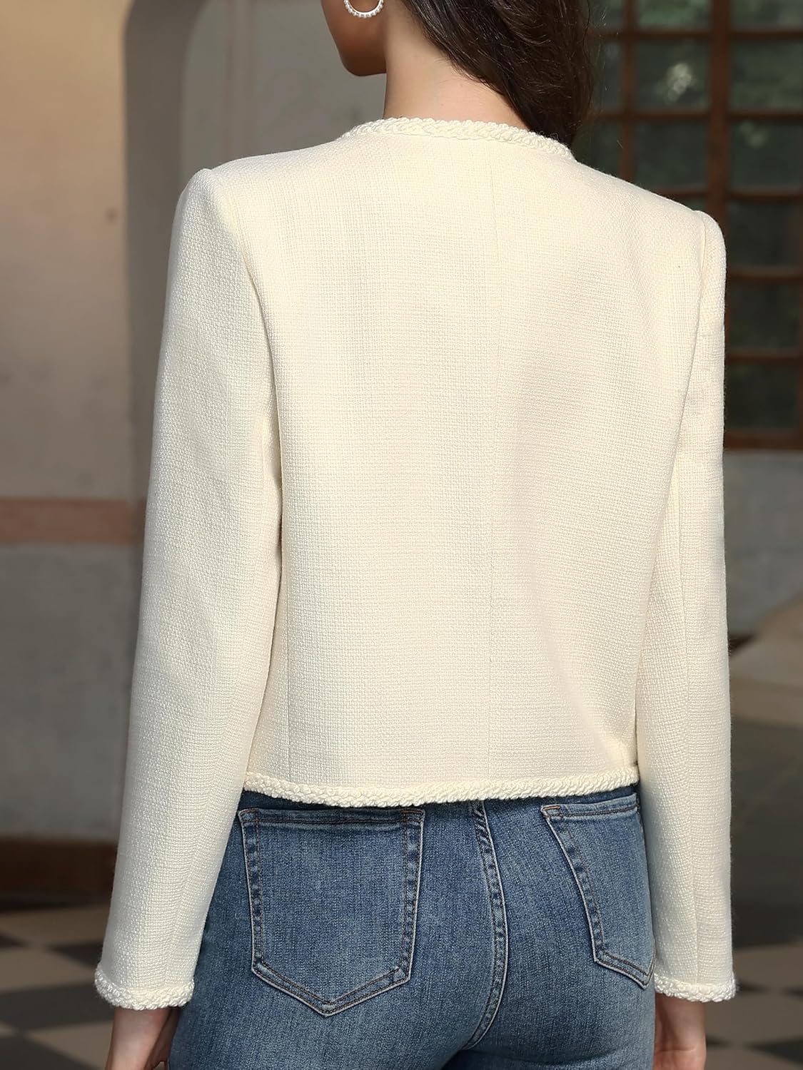 M.Infisavo Womens Cropped Tweed Jackets with Pockets, Collarless Shackets Casual Outerwear Golden Button Down Vintage Blazer - Image 3