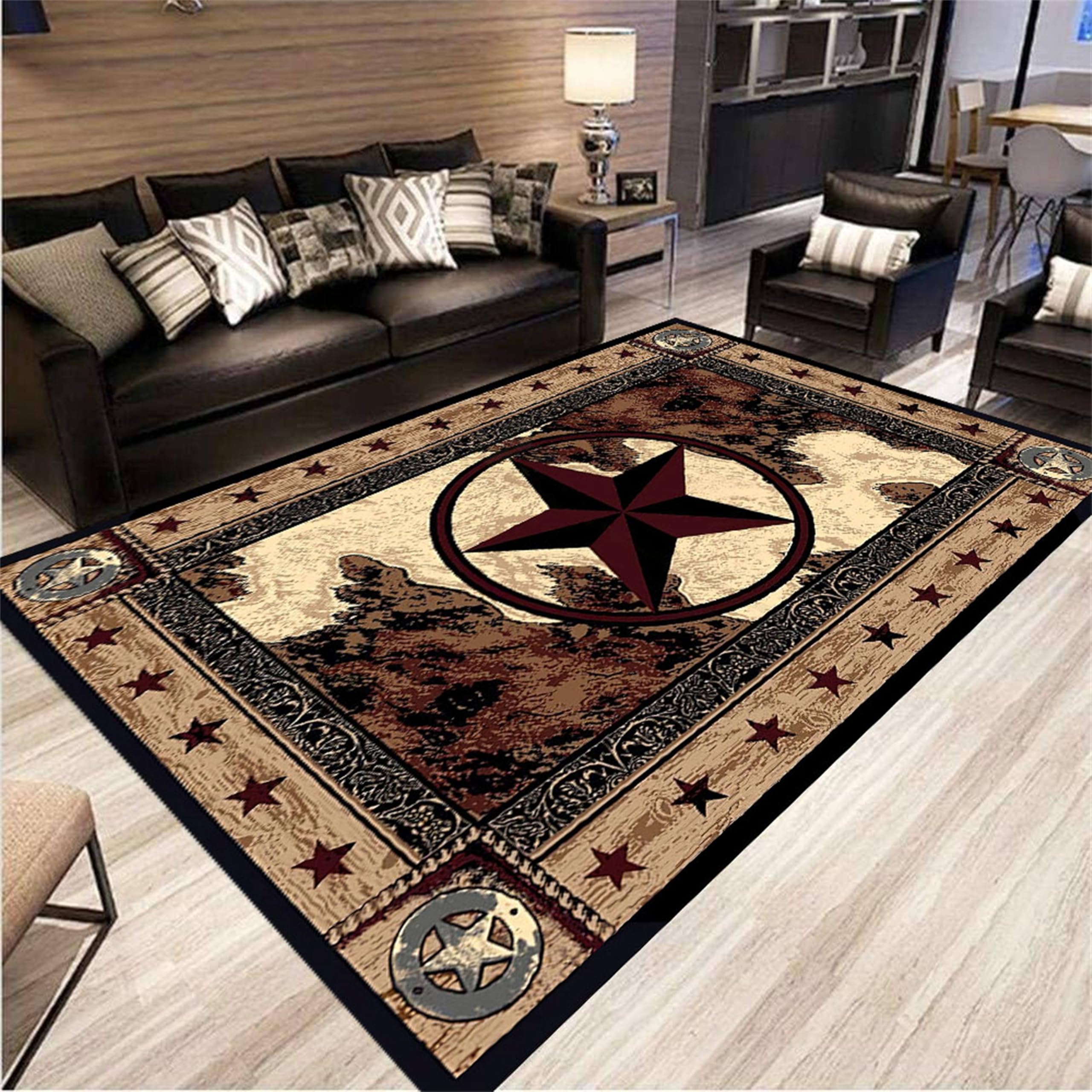 AOESELN Western Texas Star Area Rugs,4x6ft,Country Vintage Brown Rustic Area Rug,Low Pile Machine Washable Western Cowboy Rugs,for Study Room Kitchen