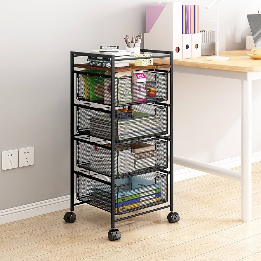 SPACEKEEPER Storage Cart, 4-Tier Mobile Shelving Unit, Bathroom Rolling Cart Utility Storage Organizer Shelf For Kitchen Living Room Bathroom Laundry Room & Dressers, White