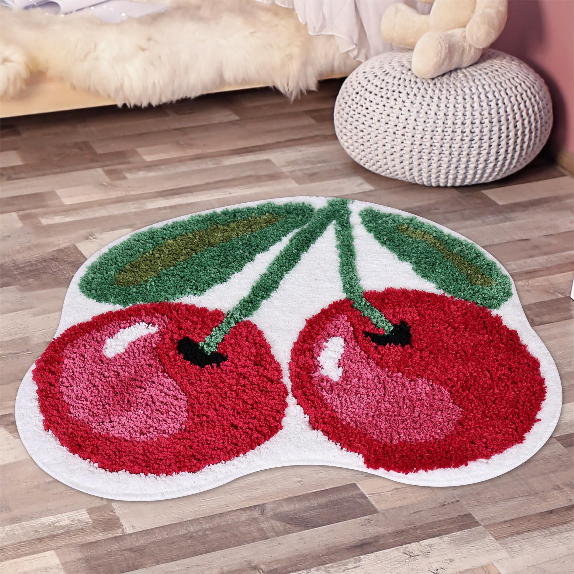 FROZZUR Large Cherry Cute Bath Mat for Bathroom, Luxury Funky Bathroom Mats Non Slip Cute Fruit Shaped Absorbent Bathtub Cool Rug Bathroom Tub Plush