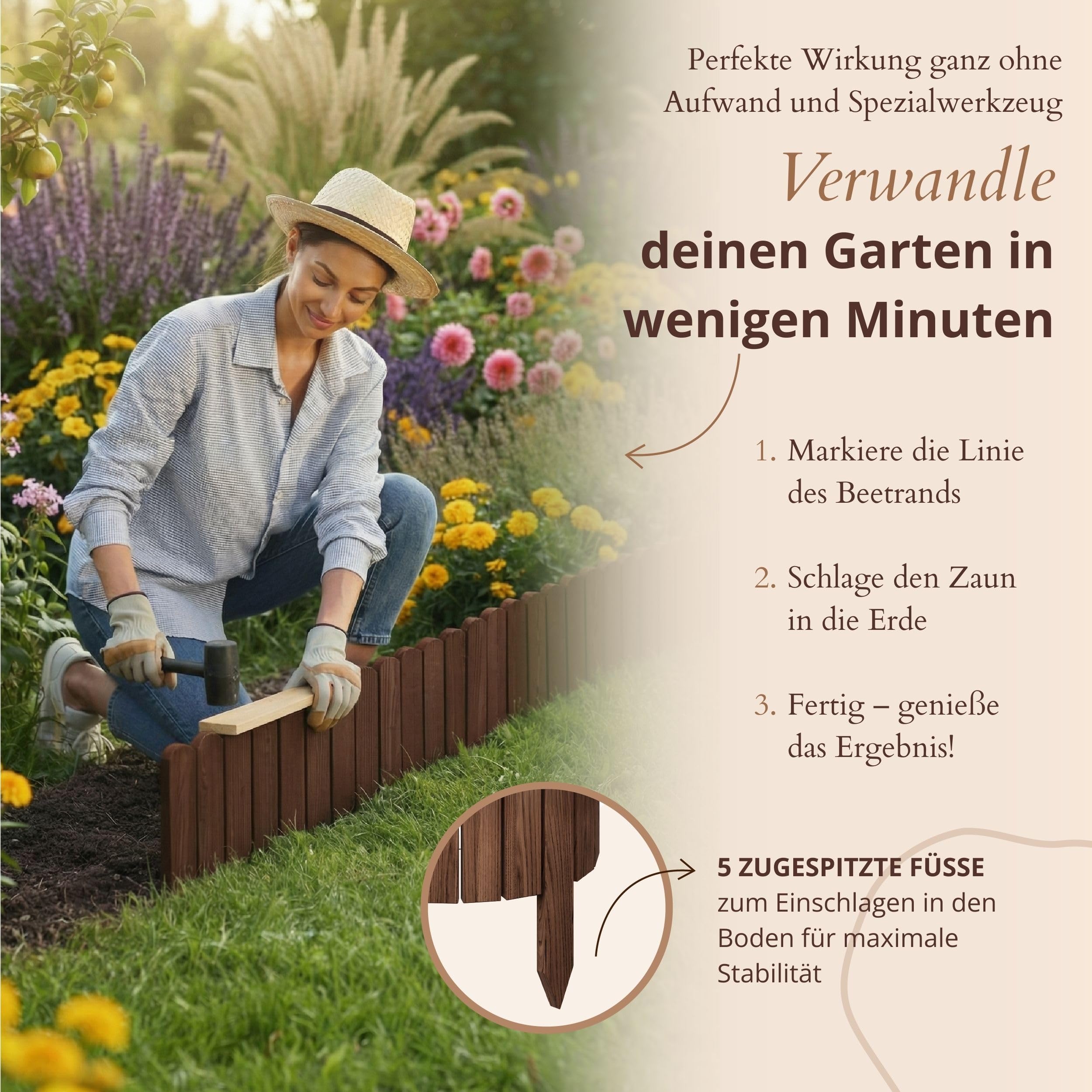 Floranica Beetumrandung Beeteinfassung 20 x 200 cm Braun Rasenkante Holz Gartenzaun Holzzaun Flexibler Rollborder