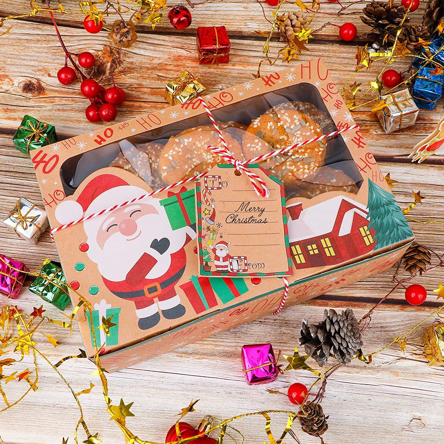 12 Scatole Per Biscotti Natalizie In Carta Kraft Con Finestra – Confezione Regalo Con Pupazzo Di Neve, Albero, Babbo Natale, Alce – 22x15x7 Cm