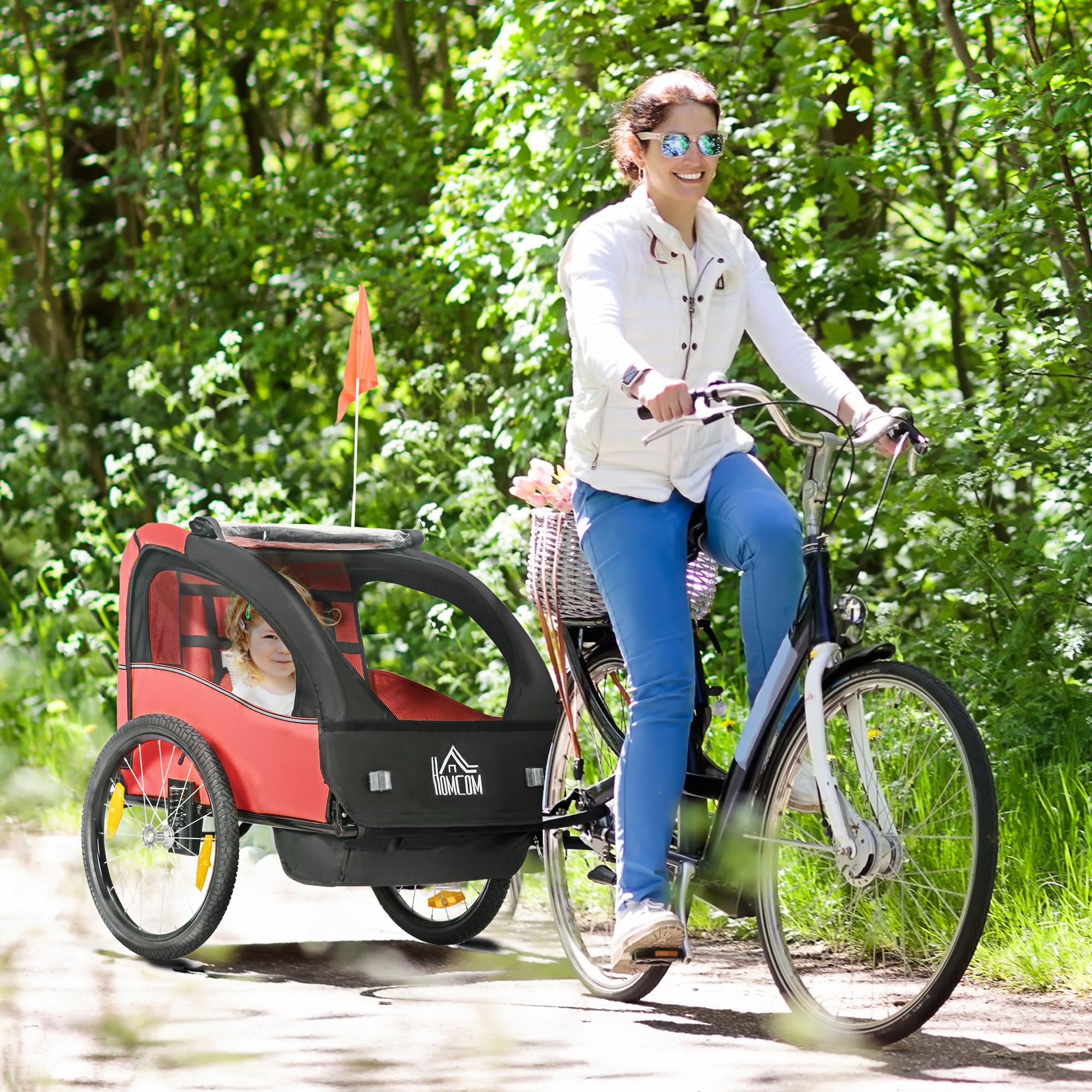 HOMCOM Remolque de Bicicleta para Niños +18 Meses Cochecito para Transporte de 2 Plazas con Cinturón de Seguridad Espacio de Almacenamiento y Sistema de Amortiguador 140x88x90 cm
