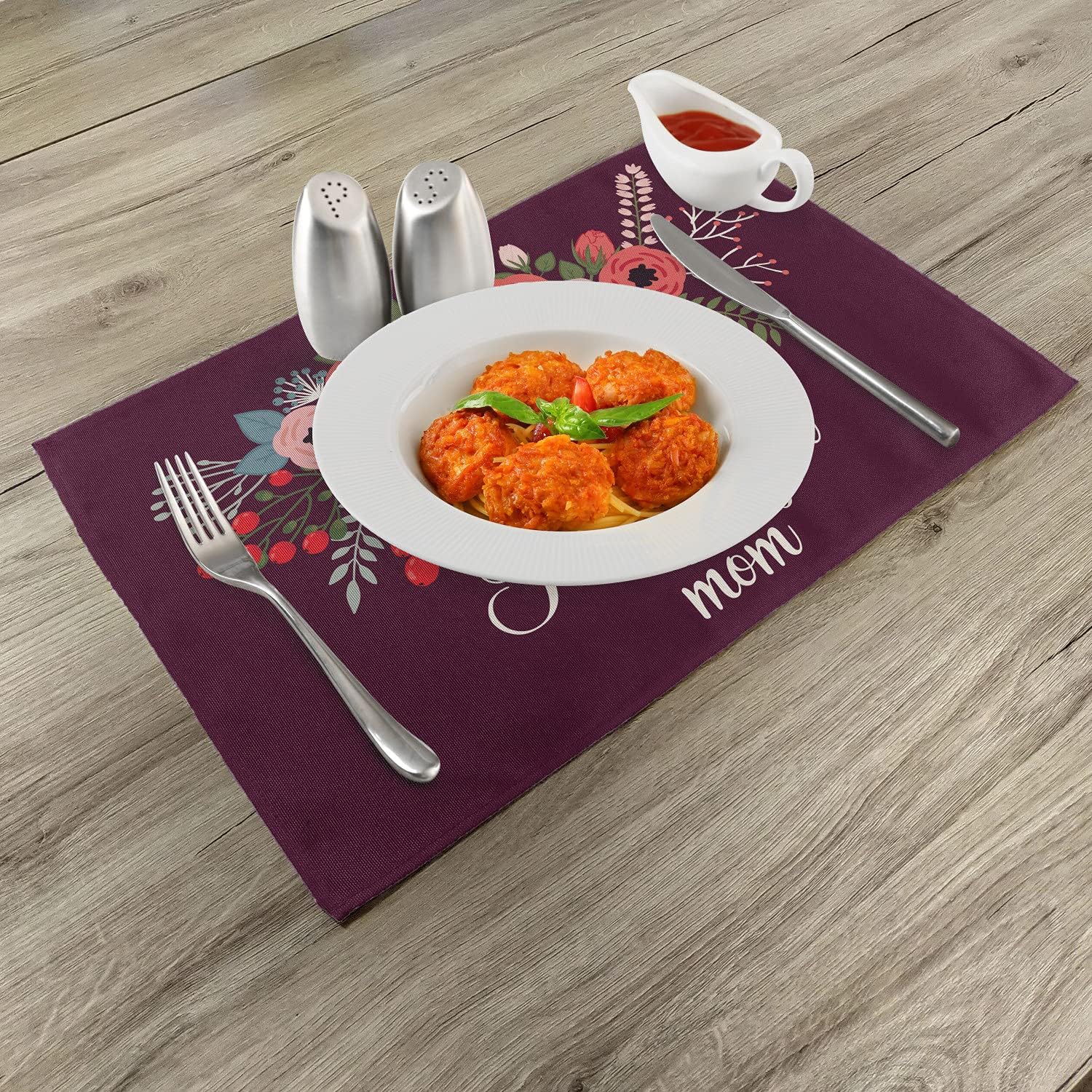 Lunarable Mothers Day Place Mats Set of 4, Bouquet of Spring Poppies and Hand Written Style I Love You Mom, Washable Fabric Placemats for Dining Room Kitchen Table Decor, Maroon and Multicolor