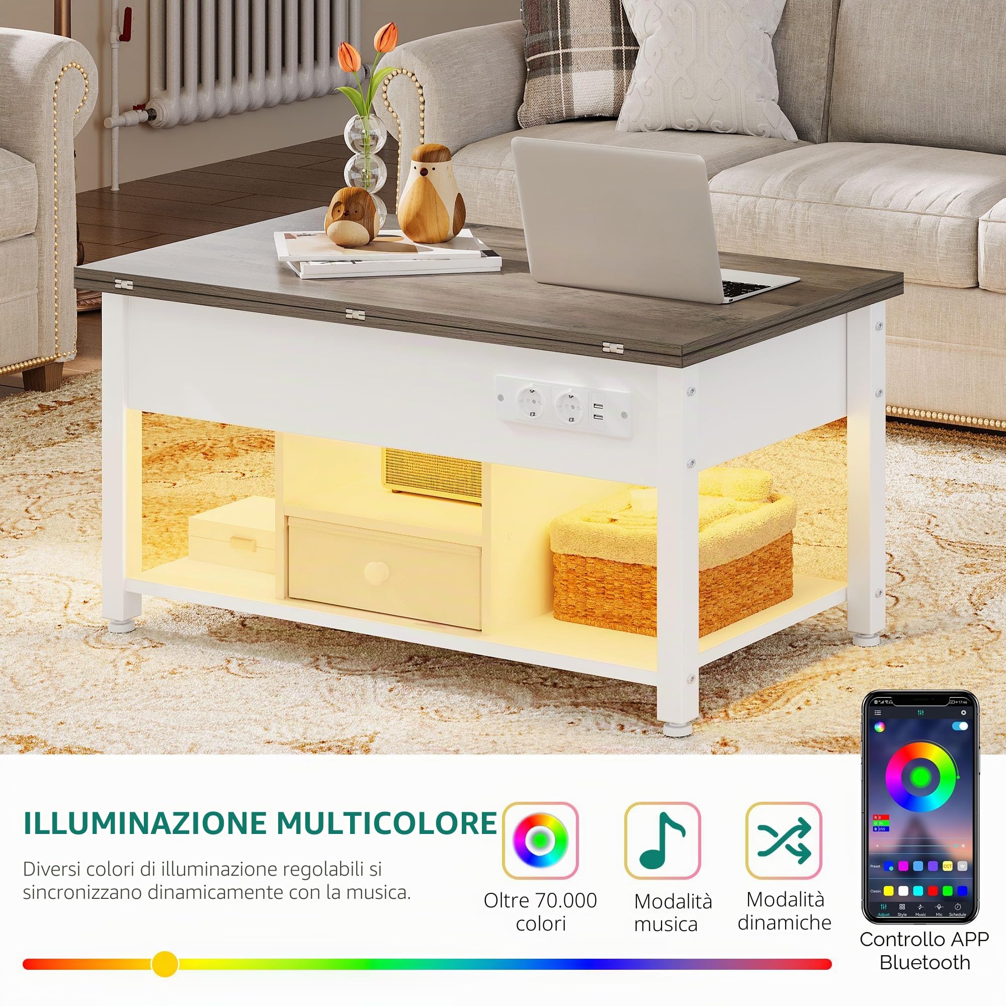 YITAHOME Tavolino con altezza regolabile, tavolino multifunzione 4 in 1 con spazio di archiviazione e illuminazione a LED, tavolino da caffè si trasforma in un tavolo da pranzo per il soggiorno