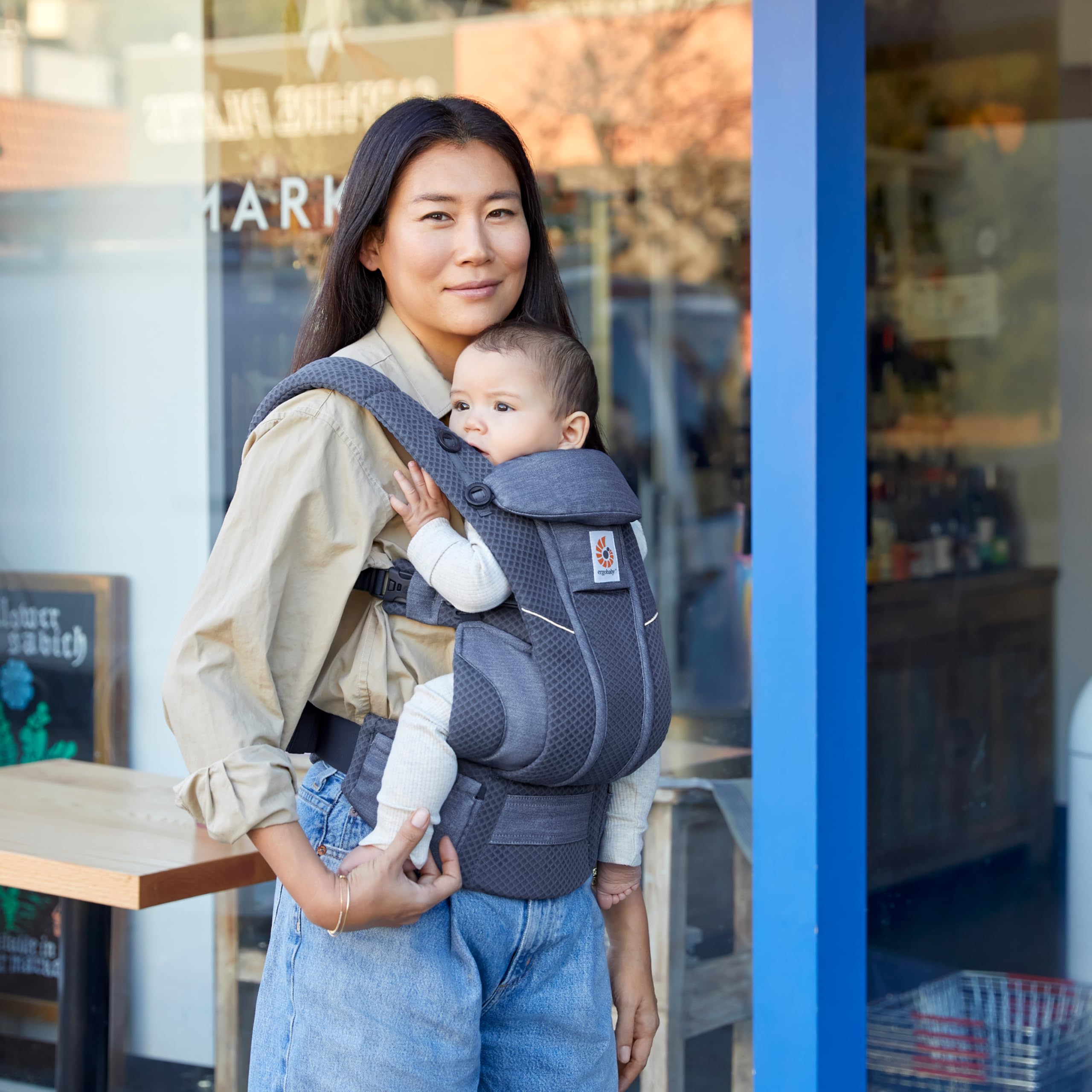 Ergobaby Omni Breeze Marsupio per neonati, 4 posizioni SoftFlex Mesh marsupio ergonomico frontale, Heathered Denim Blue