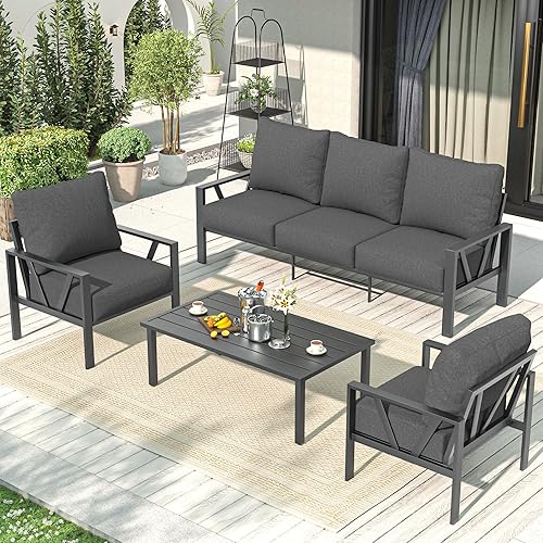 Patio Furniture Set, Metal Outdoor Furniture with Coffee Table, Modern Outdoor Patio Conversation Seating Set, Grey