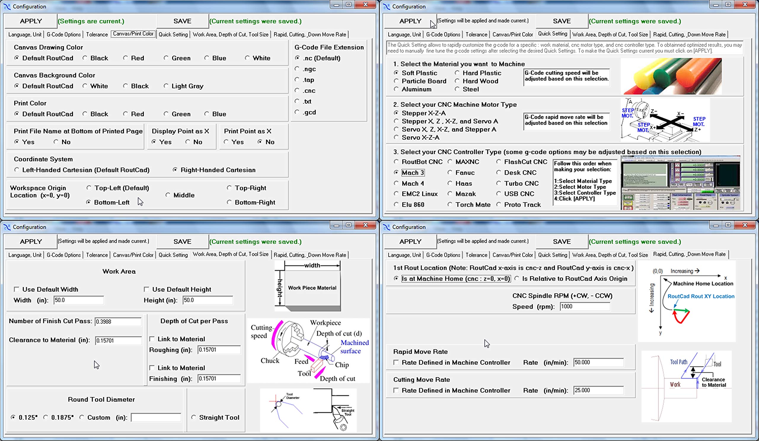 CAD CAM Lathe Software CNC 3040 6040 6090 Mach 3 Linux GRBL plus tutorial videos RoutCad Standard. Three easy steps integrated CAD+CAM program: 1-design, 2-define machine sequence, 3-export g-code.