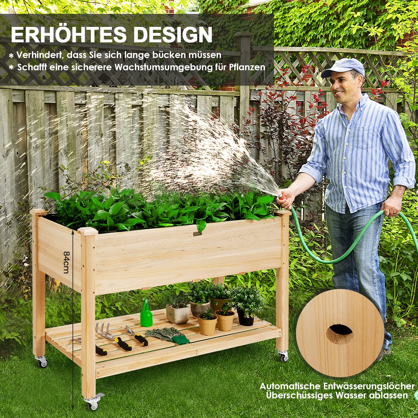 GOPLUS Hochbeet mit Rollen, Gartenbeet mit Ablage & Abflusslöcher, Pflanzbeet aus Tannenholz für Garten & Terrasse, Natur (mit Rollen, 120x59x84 cm)