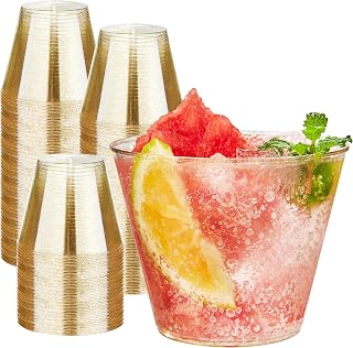 RACETOP 200 Pack 9 oz Gold Plastic Cups Tumbler, Disposable Cups with Gold Glitter for Party, Heavy-duty Clear Plastic Wine Glasses, Disposable Wedding Cups