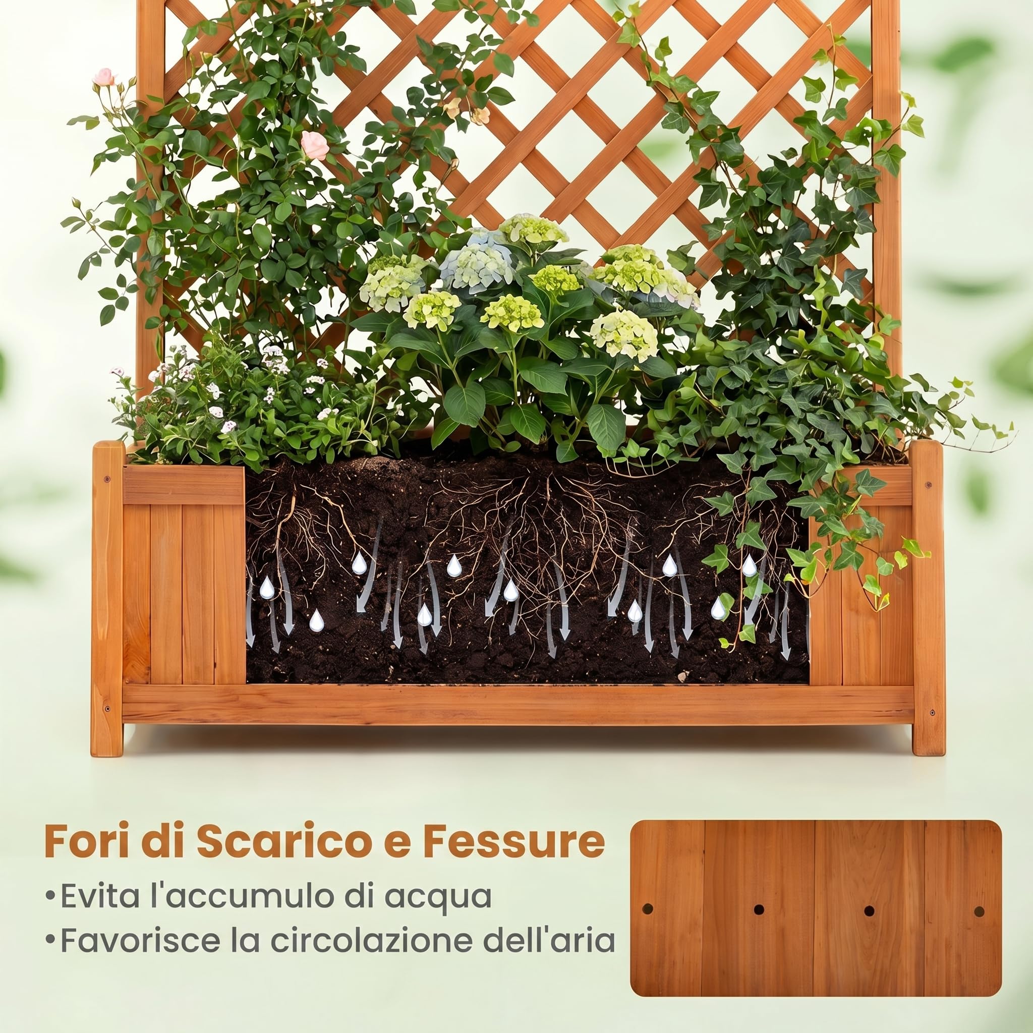 COSTWAY Fioriera da Esterno con Grigliato, Letto Rialzato in Legno con Traliccio e Fori di Drenaggio, Aiuola Rialzata per Piante Rampicanti e Fiori, 90 x 45 x 180,5 cm (Arancione)