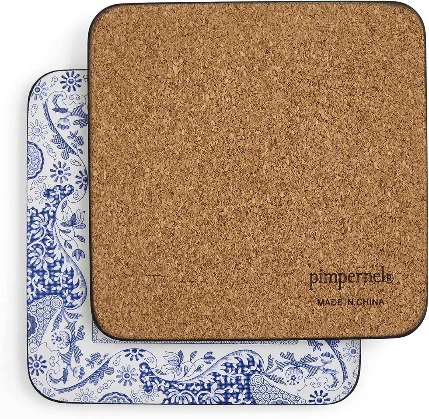 Blue and White Cork-Backed Square Coasters Set of 6