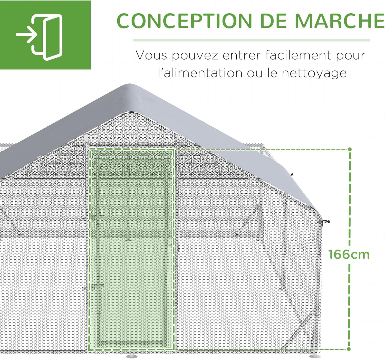 Diagram illustrating the walk-in door design with a height of 166 cm for easy access.