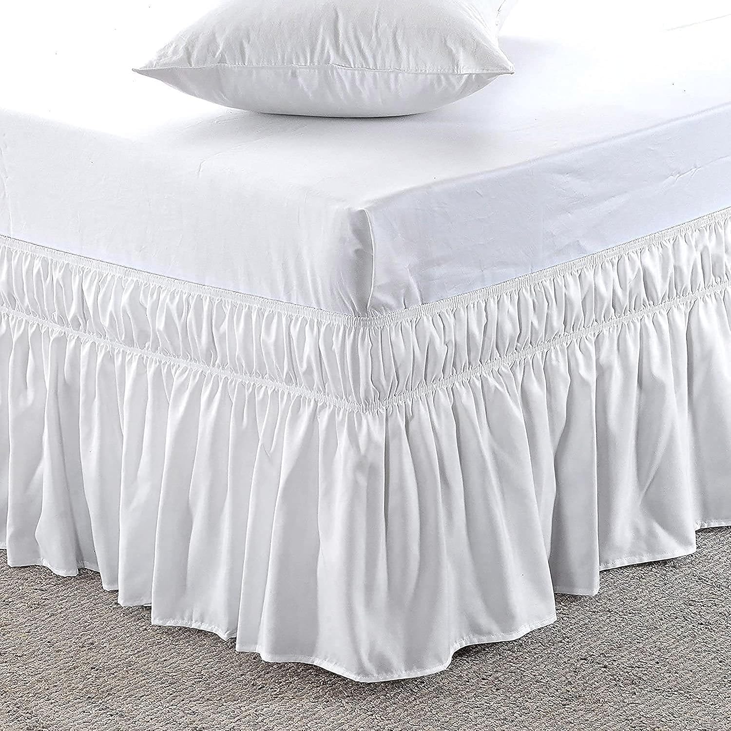 Bed Skirts- Easy Wrap Around Ruffle Bedskirt Twin XL Size 16 Inch Drop & Adjustable Three Fabric Sides Elastic Belts Easy to Install, Easy Fit (80 x 39 Inch), White